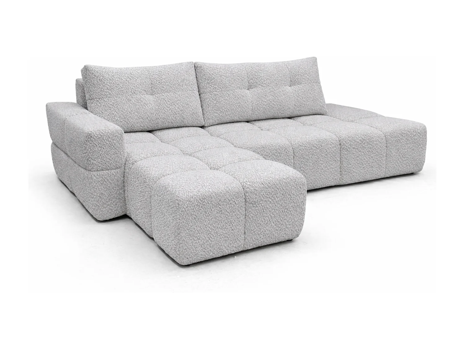 Canapé d’angle gauche BUSSO en bouclé blanc – ouverture rapide, fonction couchage type BUBLE, coffre de rangement