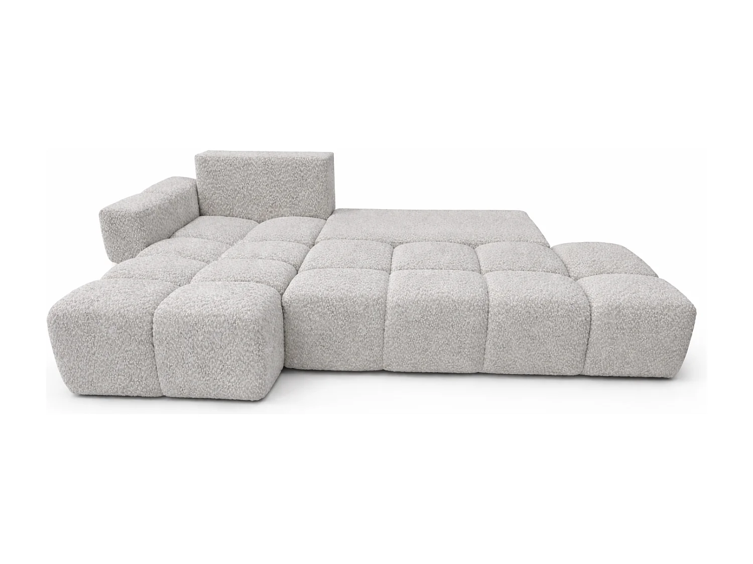 Canapé d’angle gauche BUSSO en bouclé blanc – ouverture rapide, fonction couchage type BUBLE, coffre de rangement