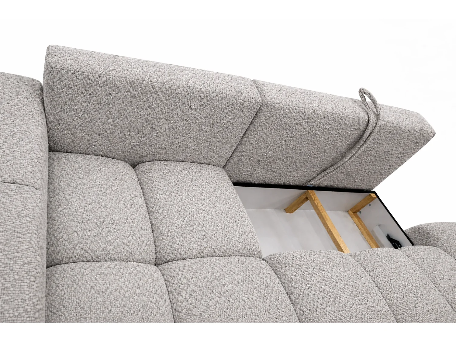 Canapé d’angle gauche BUSSO en bouclé blanc – ouverture rapide, fonction couchage type BUBLE, coffre de rangement