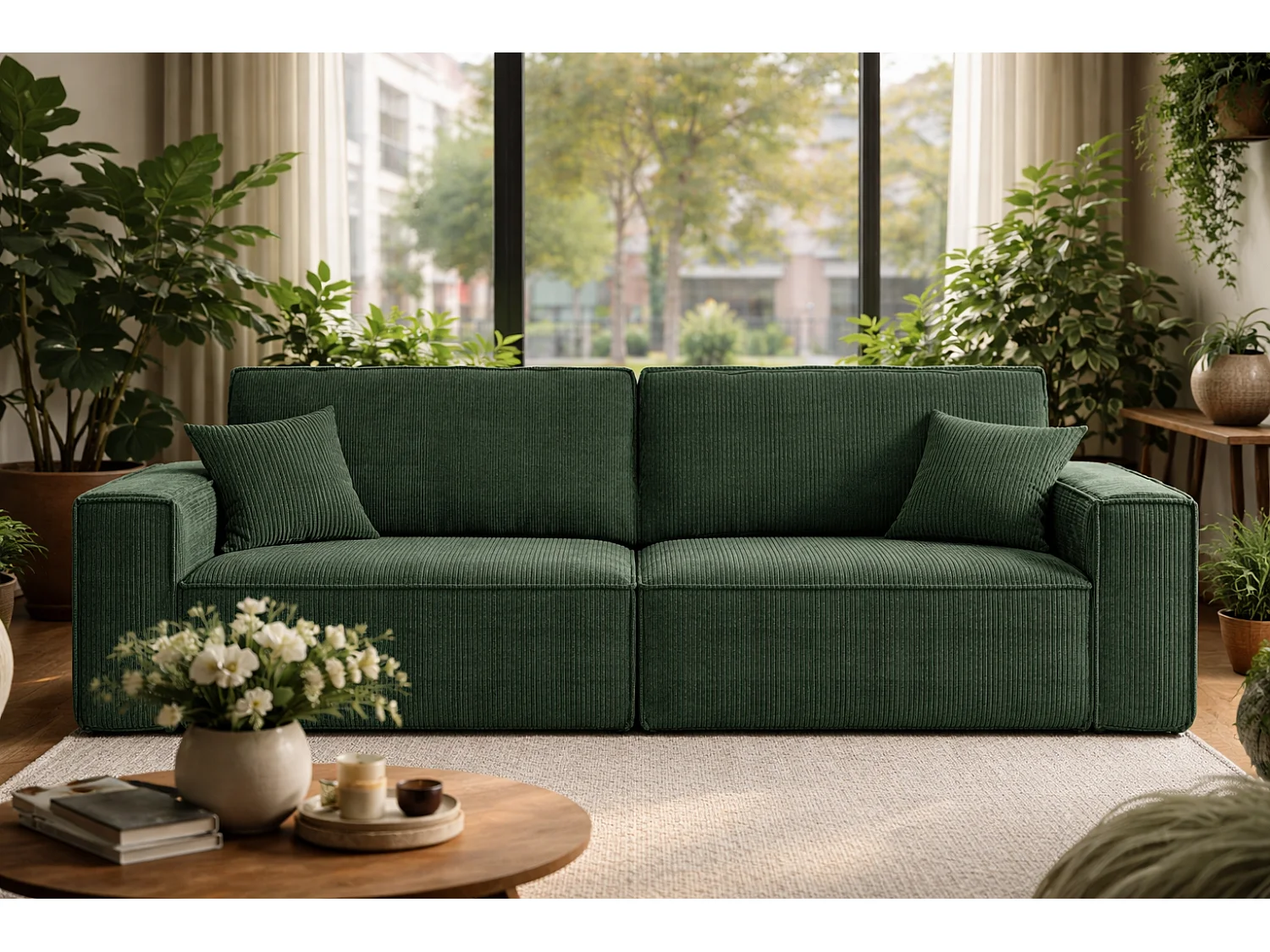 Canapé avec 2 grands coffres de rangement vert bouteille, idéal pour le salon, qualité fabricant direct CARLOS – VINOTTI