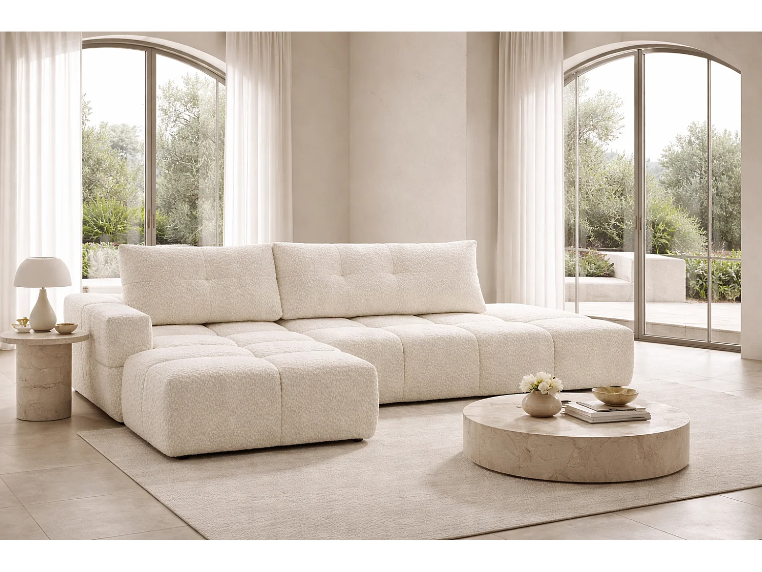 Canapé d’angle gauche BUSSO en bouclé vert bouteille – ouverture rapide, fonction couchage type BUBLE, coffre de rangement