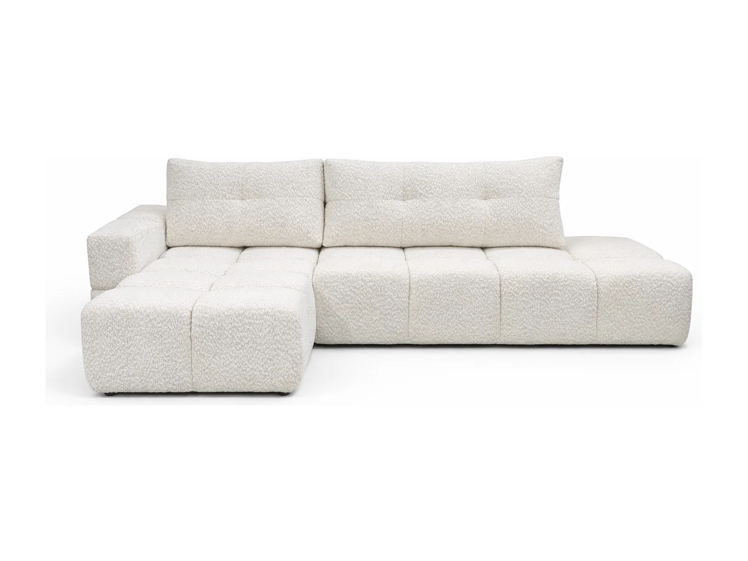 Canapé d’angle gauche BUSSO en bouclé vert bouteille – ouverture rapide, fonction couchage type BUBLE, coffre de rangement