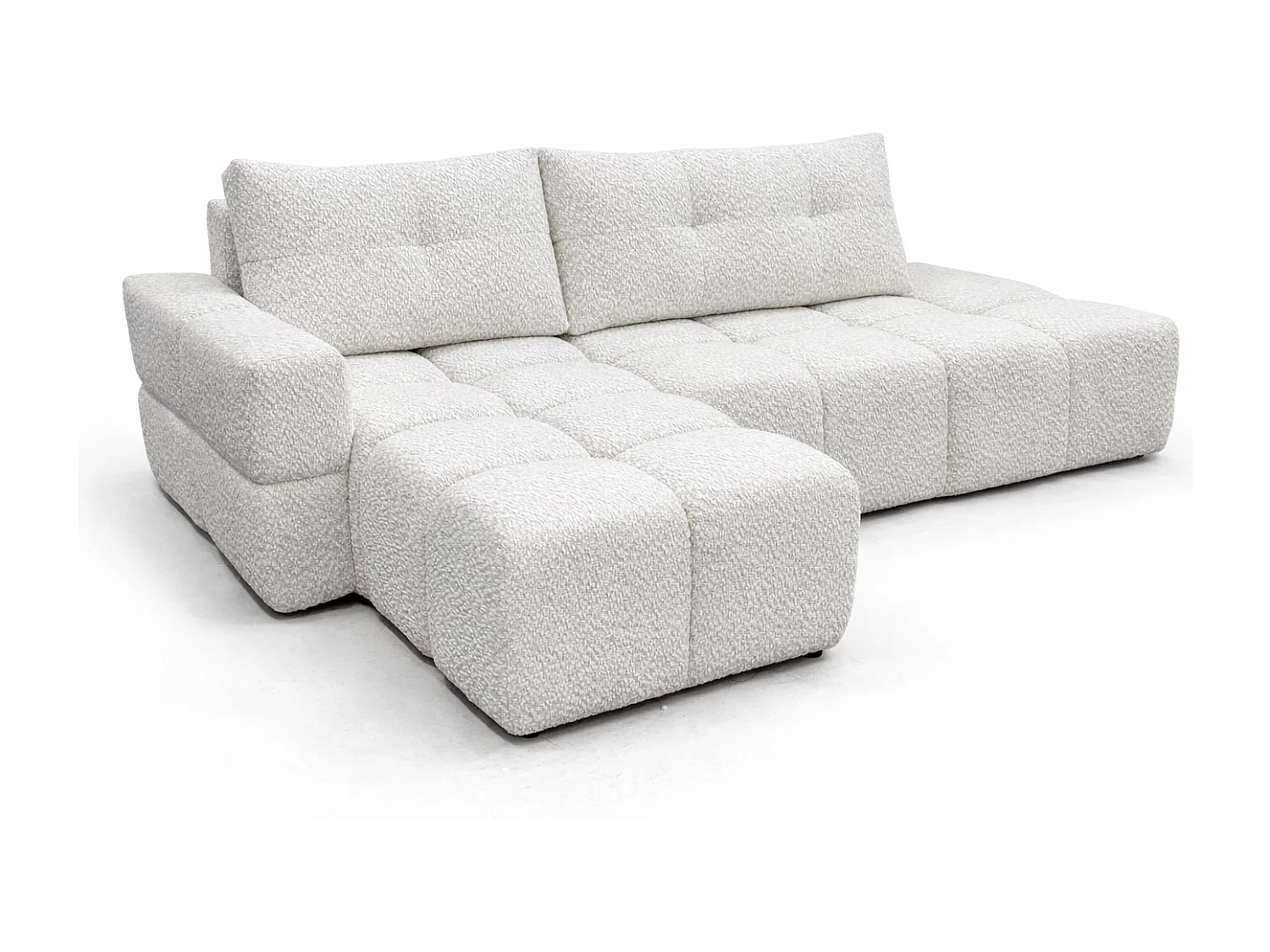 Canapé d’angle gauche BUSSO en bouclé vert bouteille – ouverture rapide, fonction couchage type BUBLE, coffre de rangement