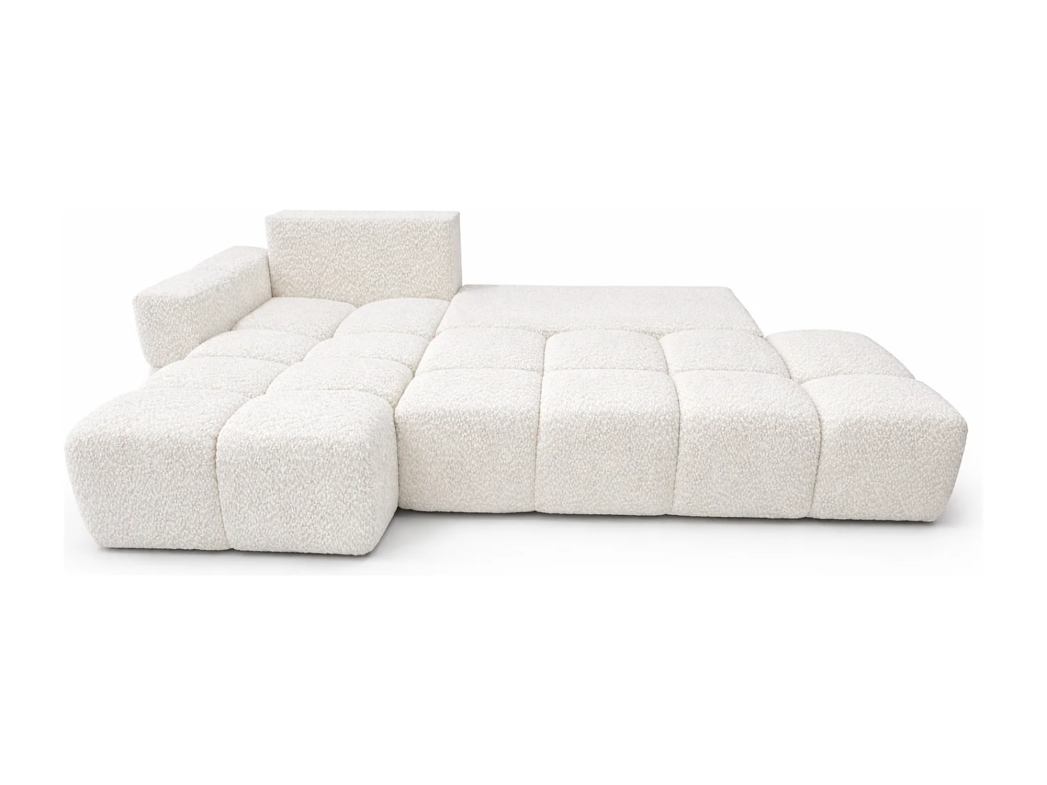 Canapé d’angle gauche BUSSO en bouclé vert bouteille – ouverture rapide, fonction couchage type BUBLE, coffre de rangement