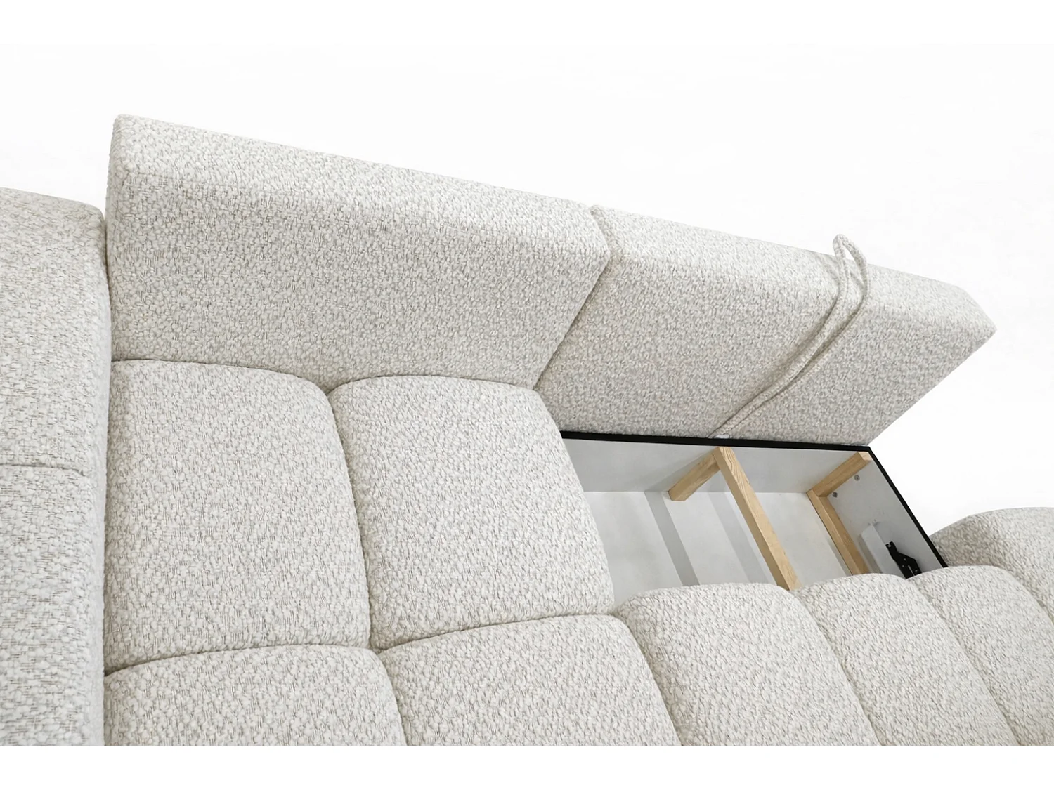 Canapé d’angle gauche BUSSO en bouclé vert bouteille – ouverture rapide, fonction couchage type BUBLE, coffre de rangement