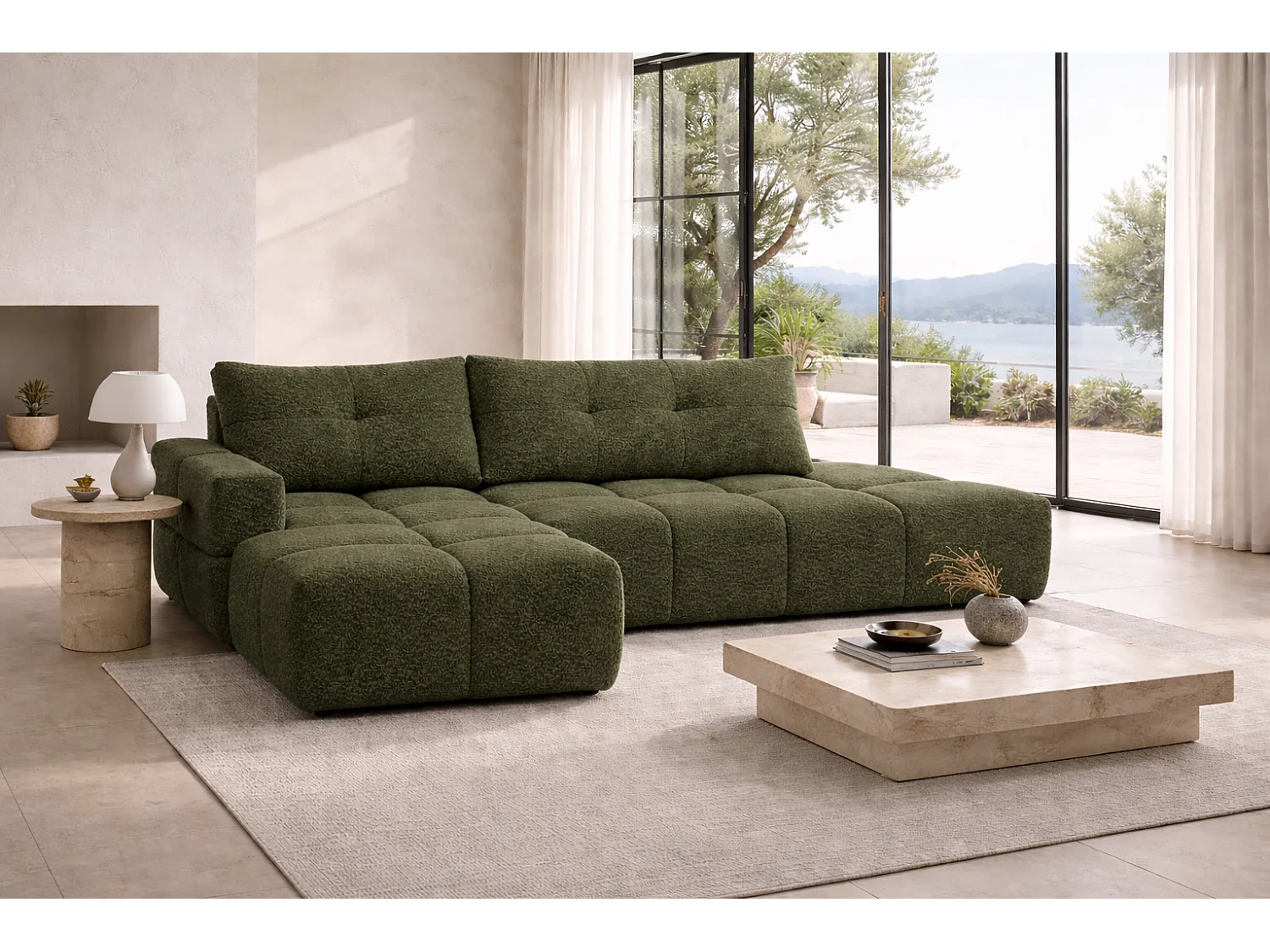 Canapé d’angle gauche BUSSO en bouclé vert bouteille – ouverture rapide, fonction couchage type BUBLE, coffre de rangement