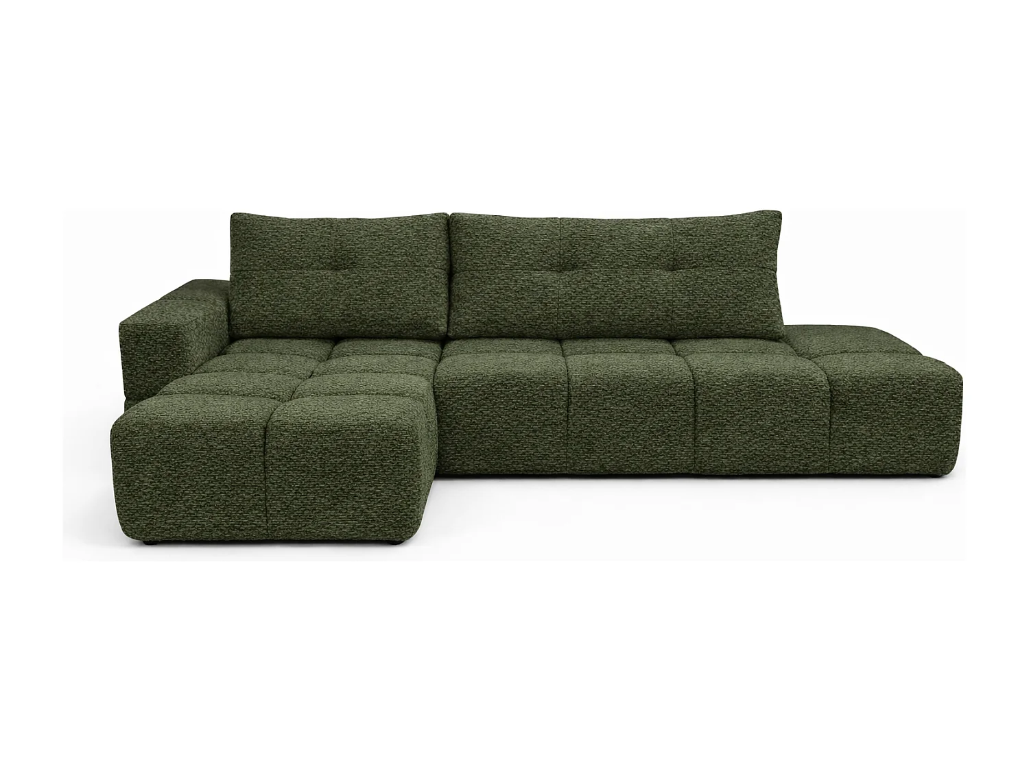 Canapé d’angle gauche BUSSO en bouclé vert bouteille – ouverture rapide, fonction couchage type BUBLE, coffre de rangement