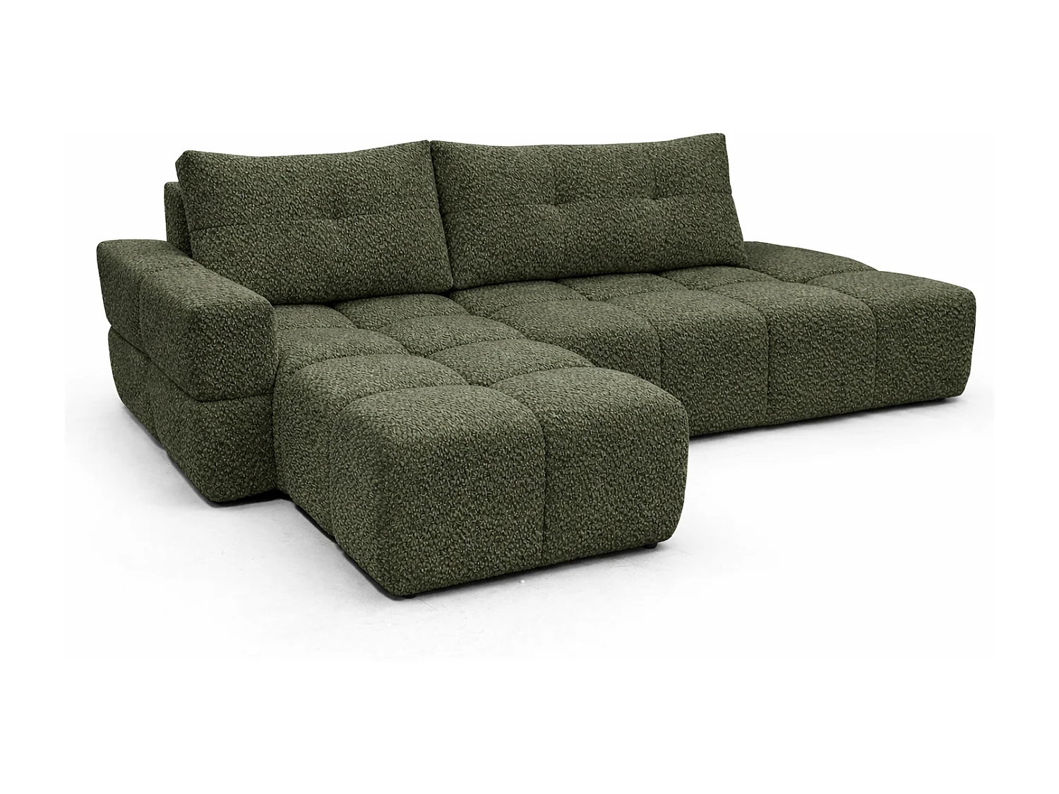 Canapé d’angle gauche BUSSO en bouclé vert bouteille – ouverture rapide, fonction couchage type BUBLE, coffre de rangement