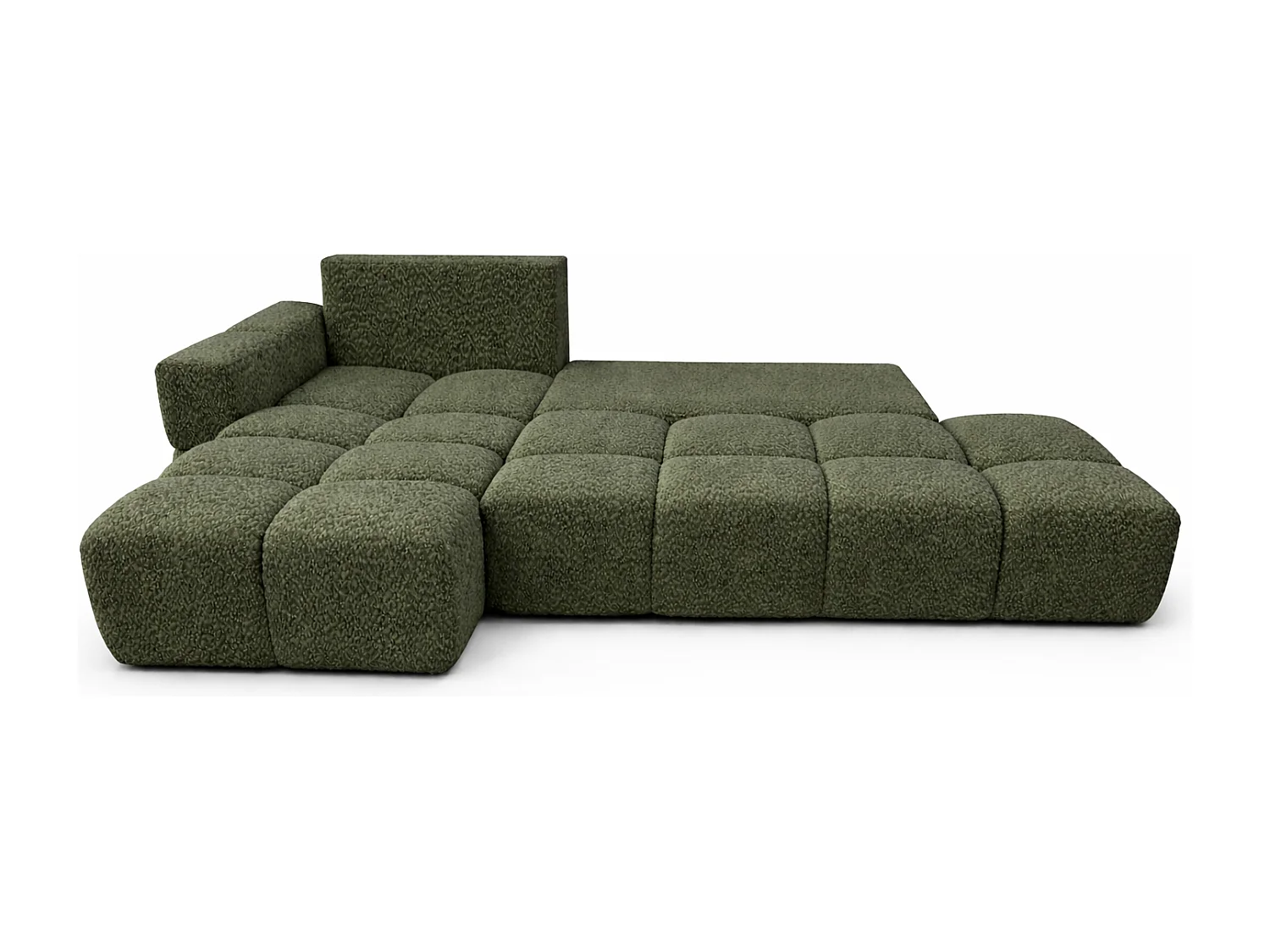 Canapé d’angle gauche BUSSO en bouclé vert bouteille – ouverture rapide, fonction couchage type BUBLE, coffre de rangement