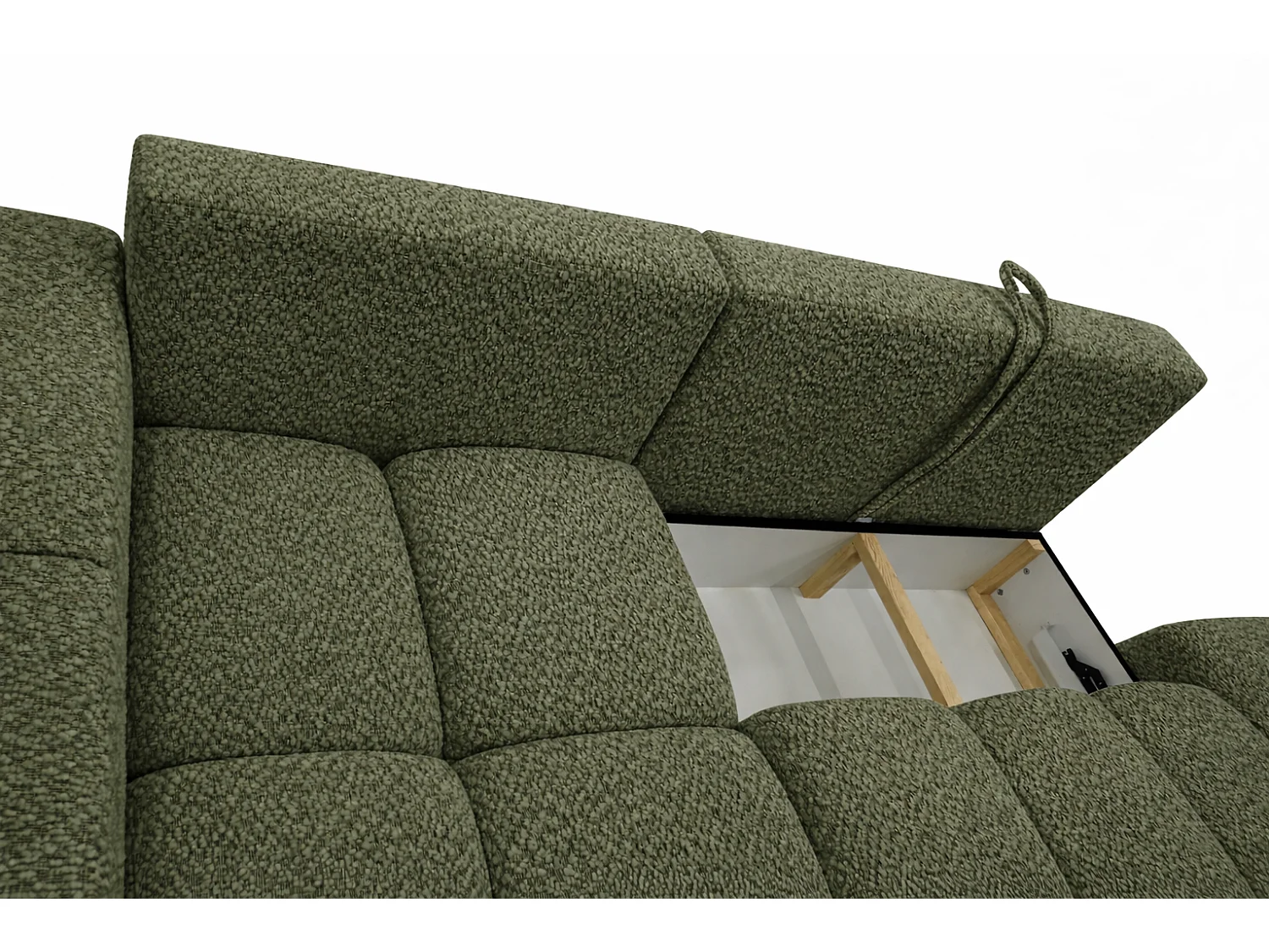 Canapé d’angle gauche BUSSO en bouclé vert bouteille – ouverture rapide, fonction couchage type BUBLE, coffre de rangement