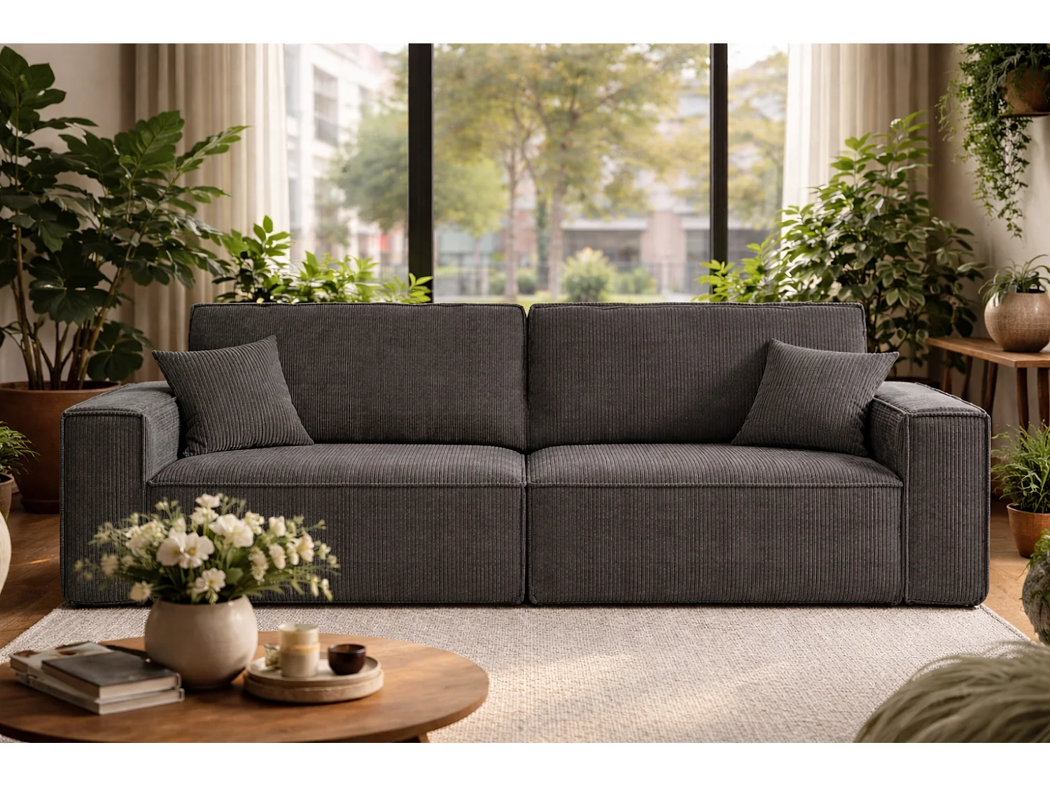 Canapé avec 2 grands coffres de rangement, couleur grise, idéal pour le salon, qualité fabricant direct CARLOS – VINOTTI