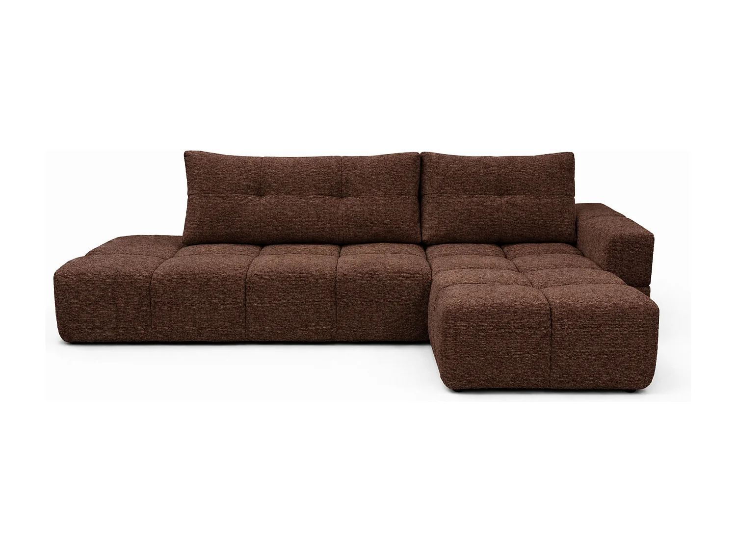 Canapé d’angle droit BUSSO en bouclé brun chocolat – ouverture rapide, fonction couchage type BUBLE, coffre de rangement