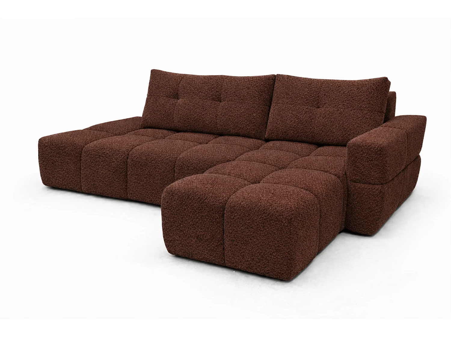 Canapé d’angle droit BUSSO en bouclé brun chocolat – ouverture rapide, fonction couchage type BUBLE, coffre de rangement