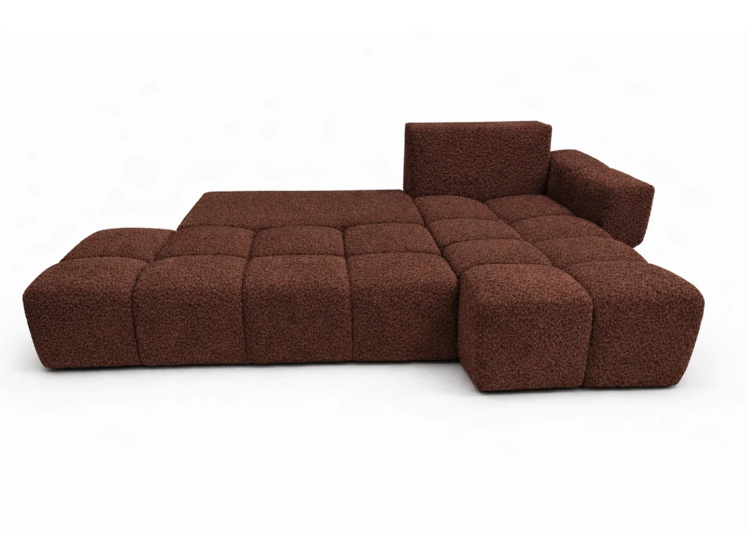 Canapé d’angle droit BUSSO en bouclé brun chocolat – ouverture rapide, fonction couchage type BUBLE, coffre de rangement