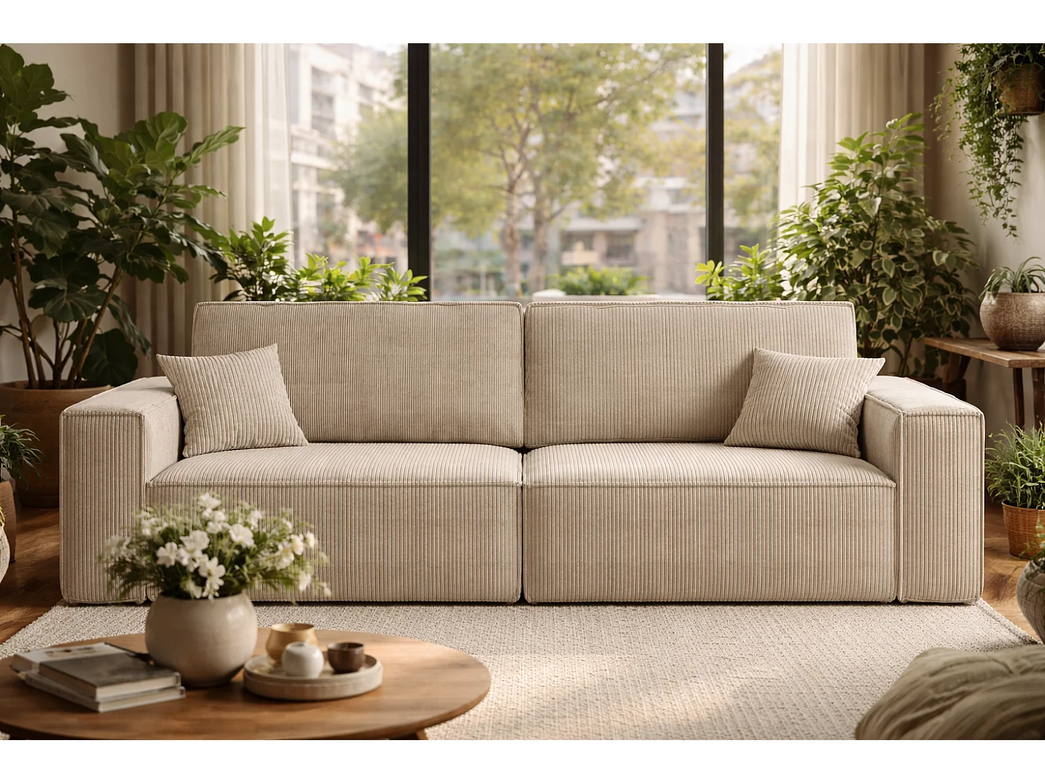 Canapé avec 2 grands coffres de rangement, couleur beige, idéal pour le salon, qualité fabricant direct CARLOS – VINOTTI