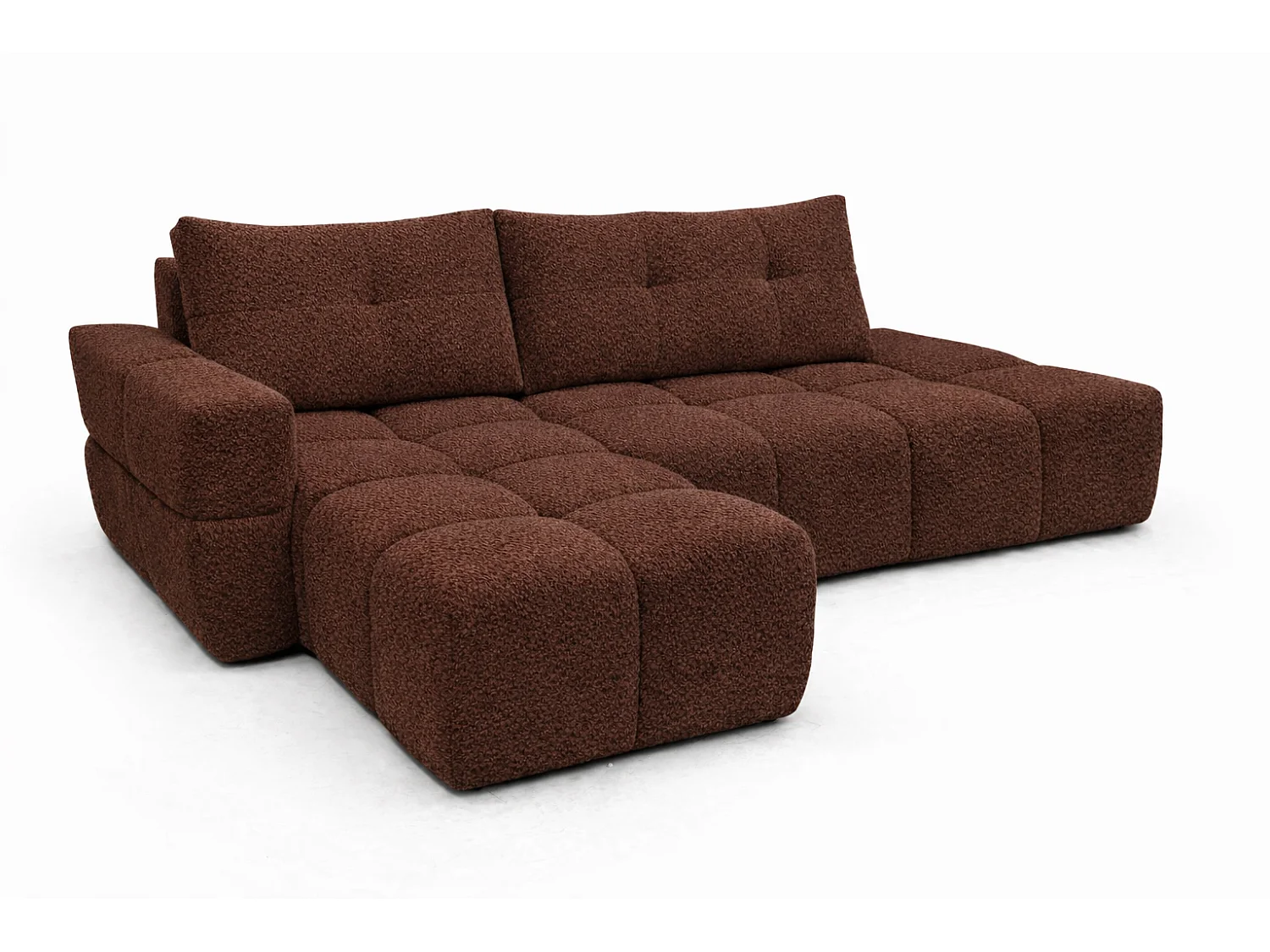 Canapé d’angle gauche BUSSO en bouclé brun chocolat – ouverture rapide, fonction couchage type BUBLE, coffre de rangement