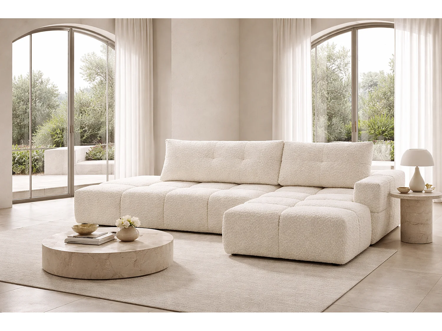 Canapé d’angle droit BUSSO en bouclé vert bouteille – ouverture rapide, fonction couchage type BUBLE, coffre de rangement