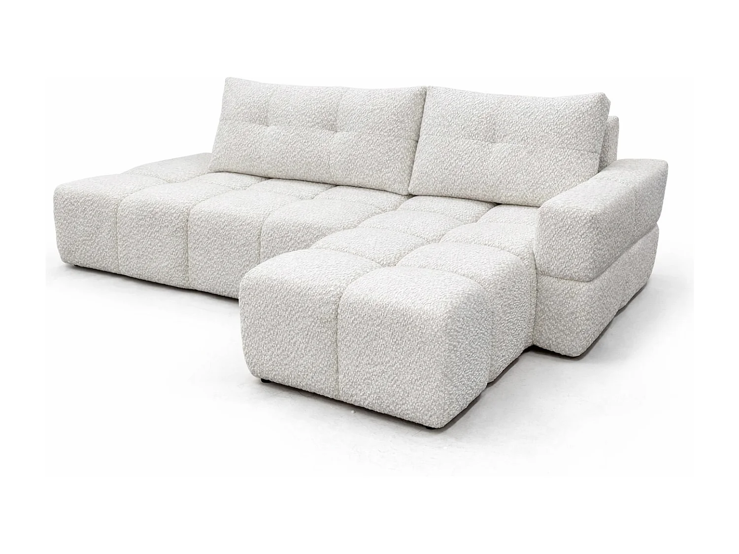 Canapé d’angle droit BUSSO en bouclé vert bouteille – ouverture rapide, fonction couchage type BUBLE, coffre de rangement