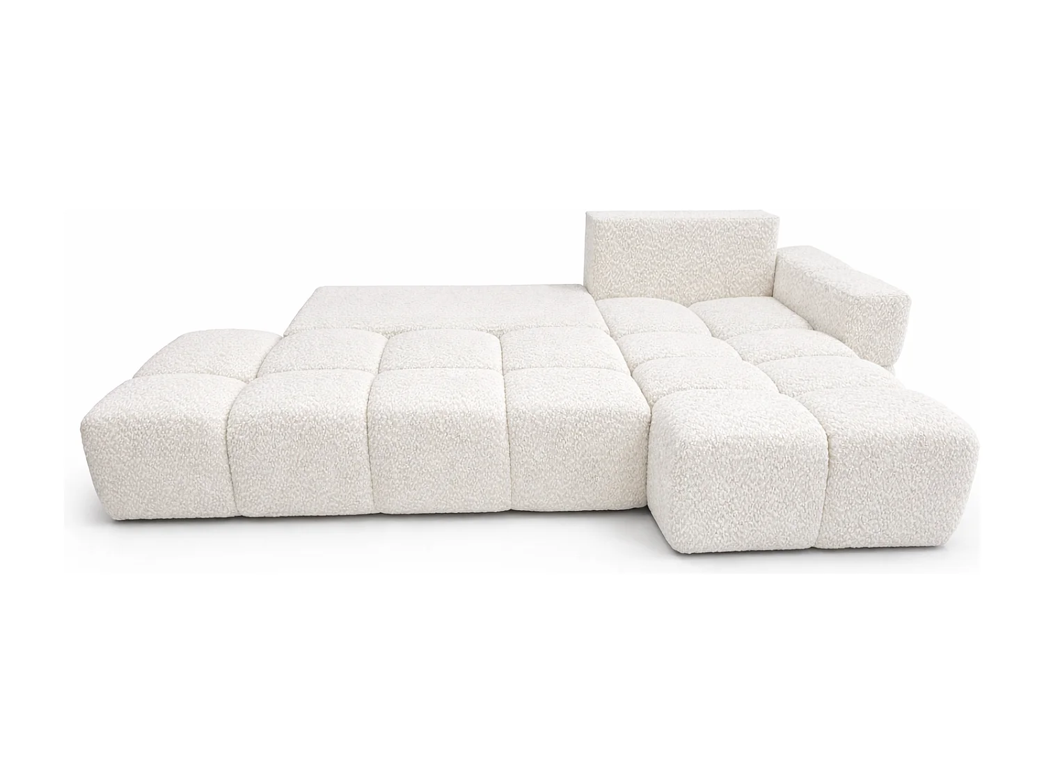 Canapé d’angle droit BUSSO en bouclé vert bouteille – ouverture rapide, fonction couchage type BUBLE, coffre de rangement