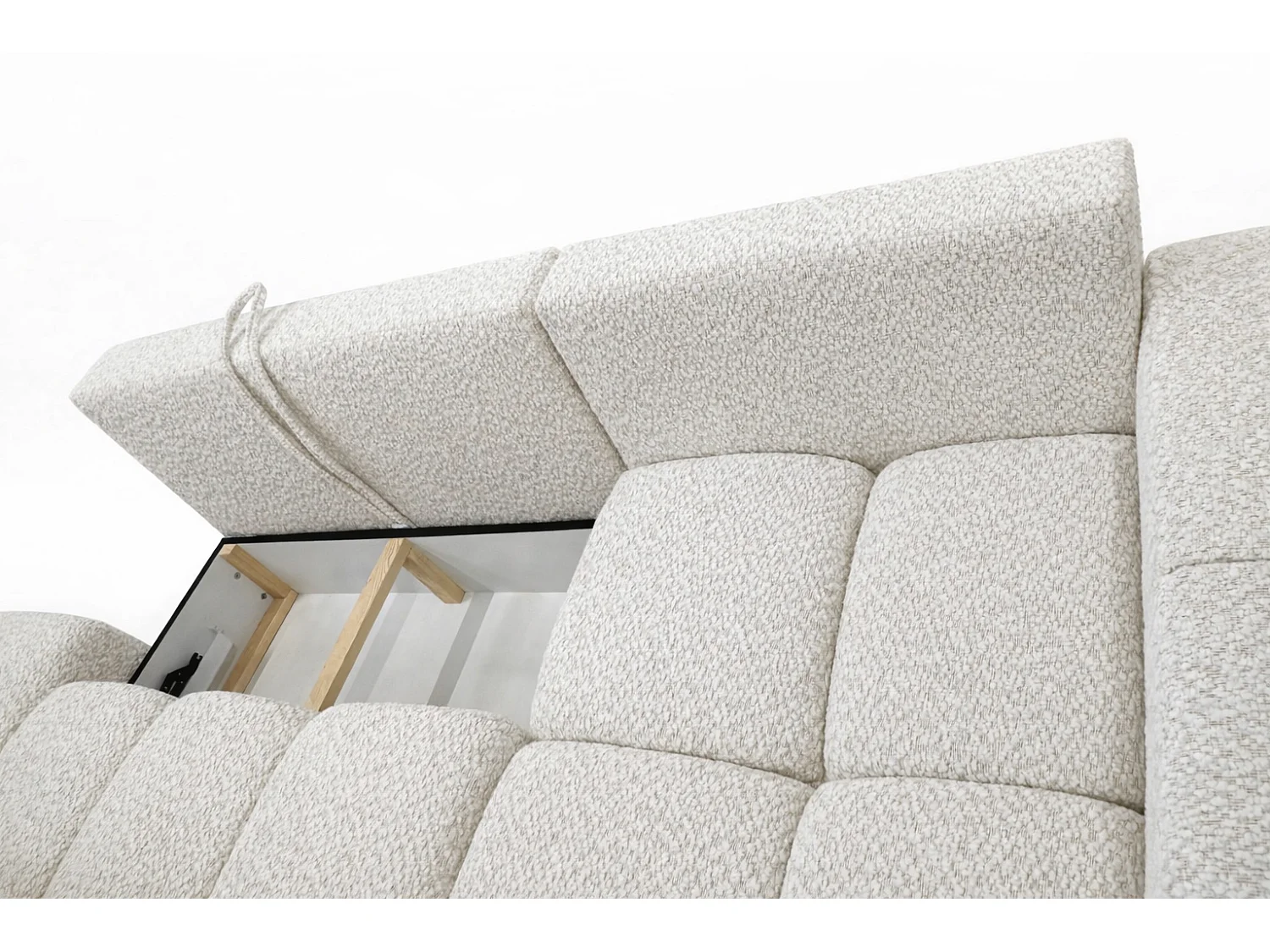 Canapé d’angle droit BUSSO en bouclé vert bouteille – ouverture rapide, fonction couchage type BUBLE, coffre de rangement