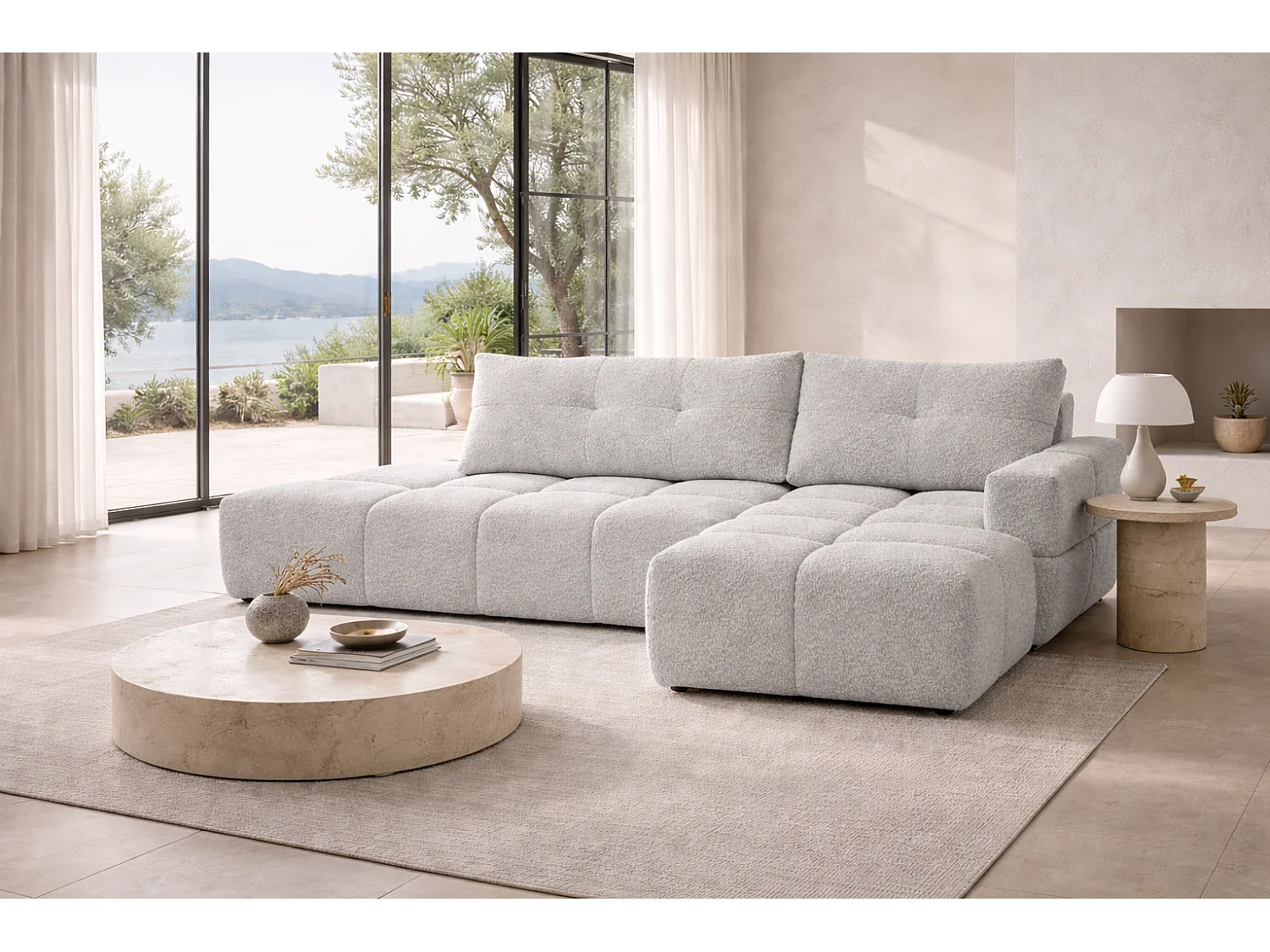 Canapé d’angle droit BUSSO en bouclé blanc – ouverture rapide, fonction couchage type BUBLE, coffre de rangement