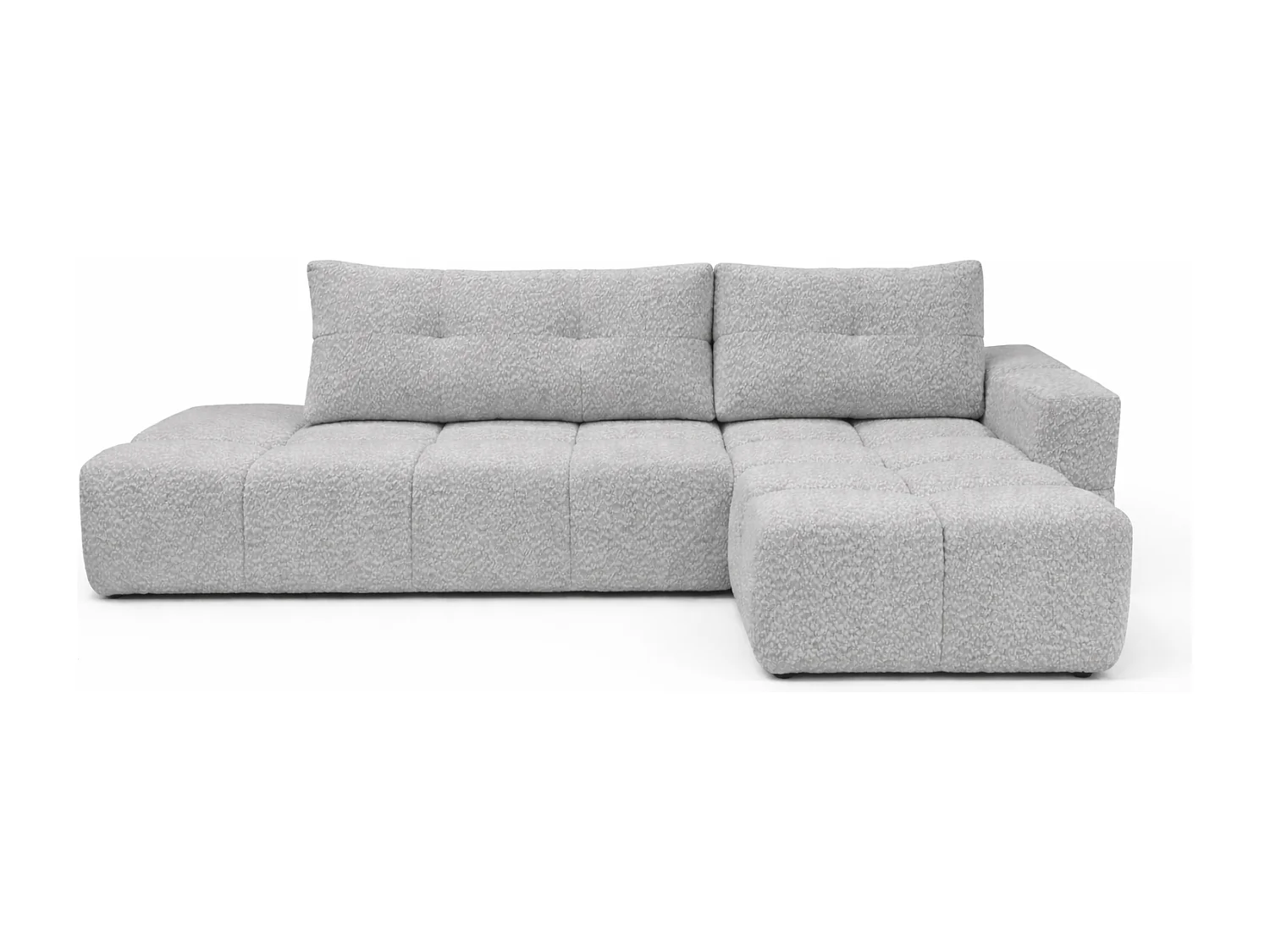 Canapé d’angle droit BUSSO en bouclé blanc – ouverture rapide, fonction couchage type BUBLE, coffre de rangement