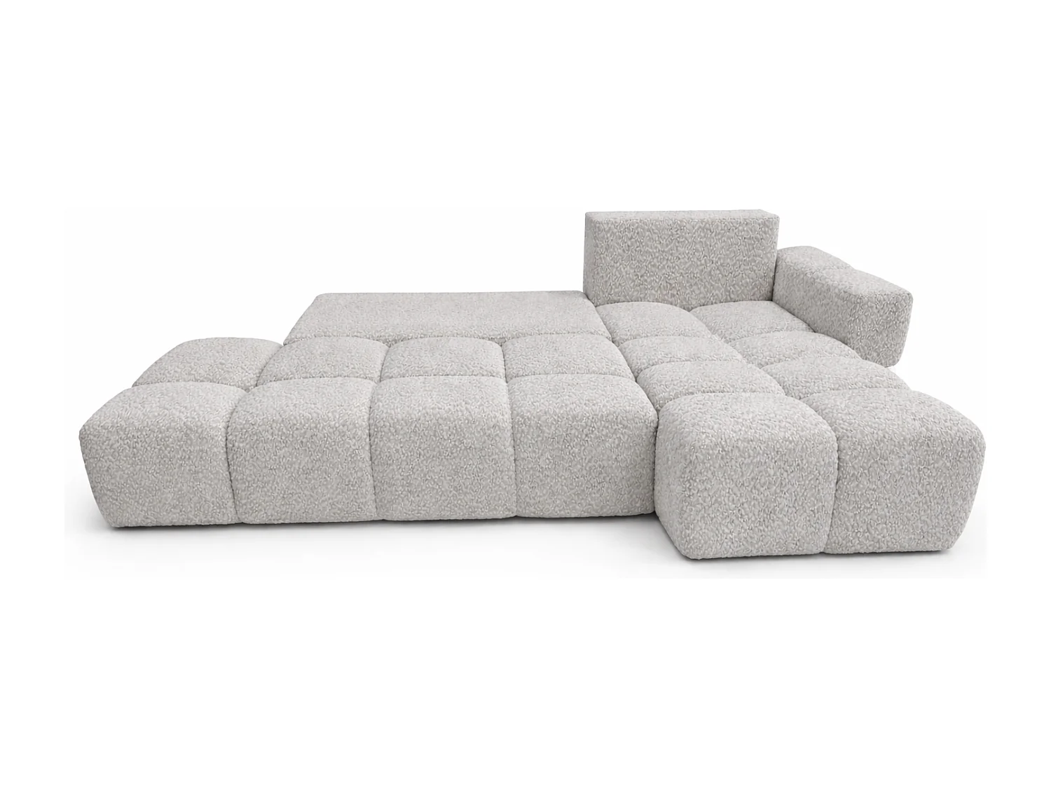 Canapé d’angle droit BUSSO en bouclé blanc – ouverture rapide, fonction couchage type BUBLE, coffre de rangement