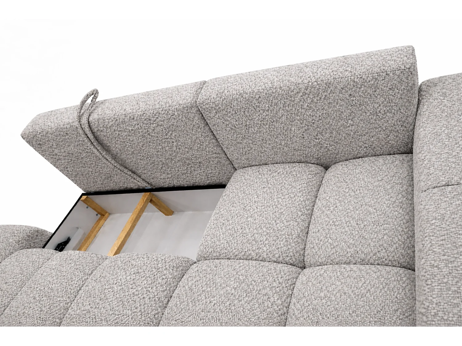 Canapé d’angle droit BUSSO en bouclé blanc – ouverture rapide, fonction couchage type BUBLE, coffre de rangement