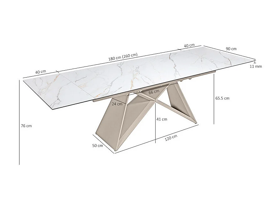 Table extensible 180 à 260 cm céramique marbrée pied beige - ISAURE