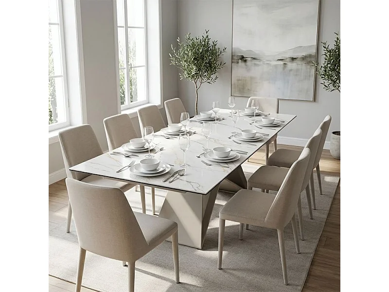 Table extensible 180 à 260 cm céramique marbrée pied beige - ISAURE