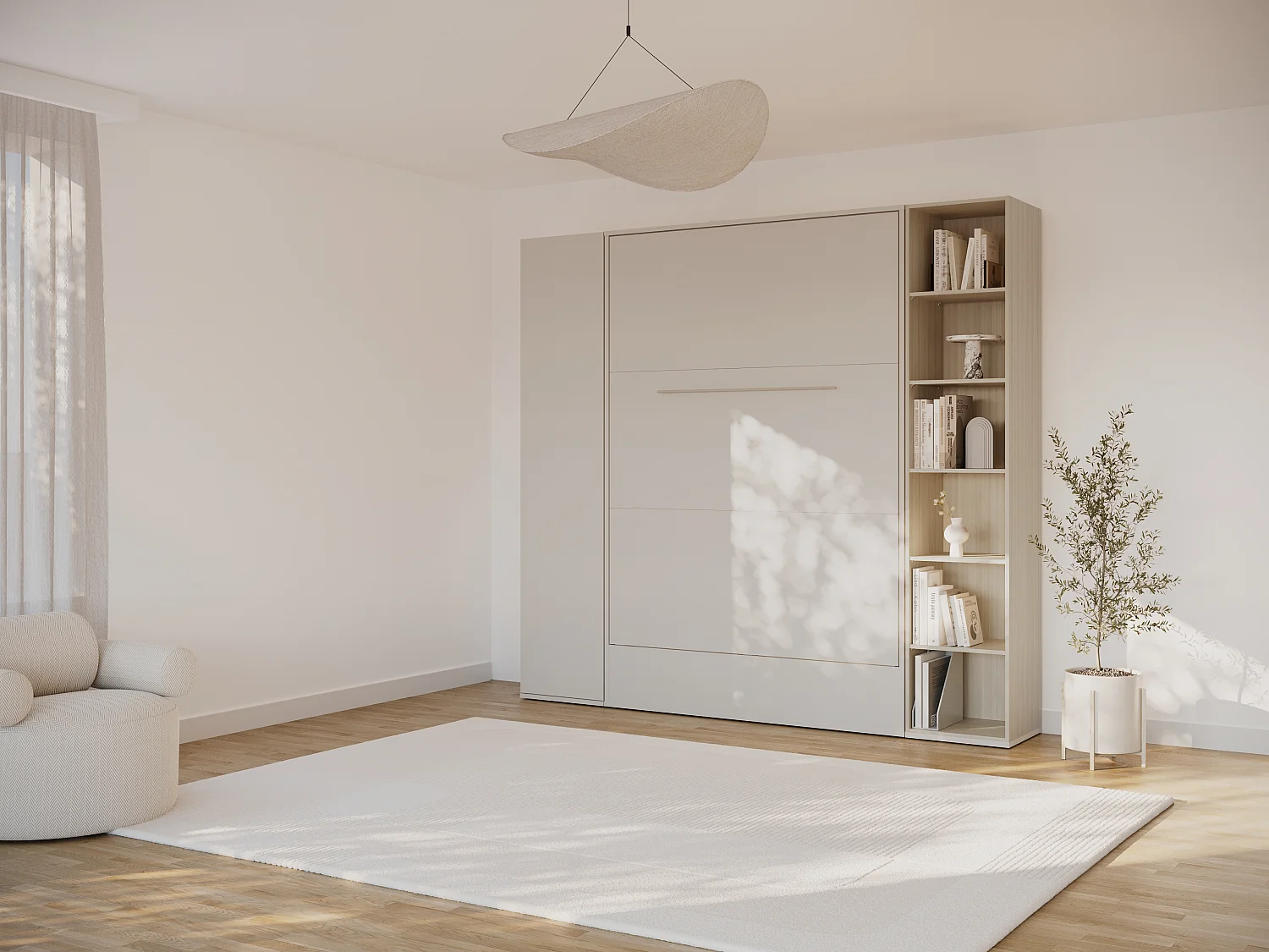 Lit escamotable 140 x 200 cm - Ouverture verticale manuelle – Beige et naturel - NILODIA