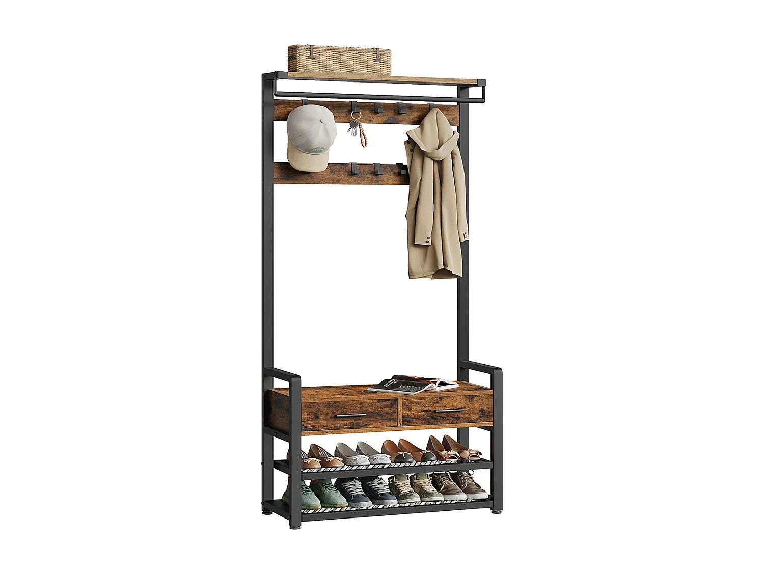 VASAGLE Hall Tree with Bench and Shoe Storage, Entryway Coat Rack with Shoe Bench, 2 Fabric Drawers, 10 Hooks, 11.8 x 31.7 x 71.5 Inches, Vintage Brown and Ink