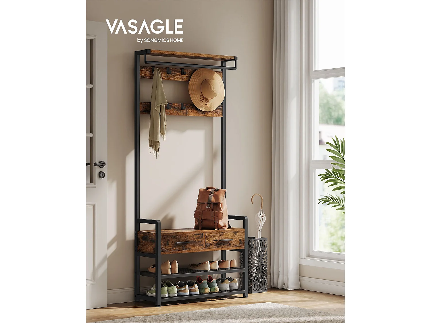 VASAGLE Hall Tree with Bench and Shoe Storage, Entryway Coat Rack with Shoe Bench, 2 Fabric Drawers, 10 Hooks, 11.8 x 31.7 x 71.5 Inches, Vintage Brown and Ink