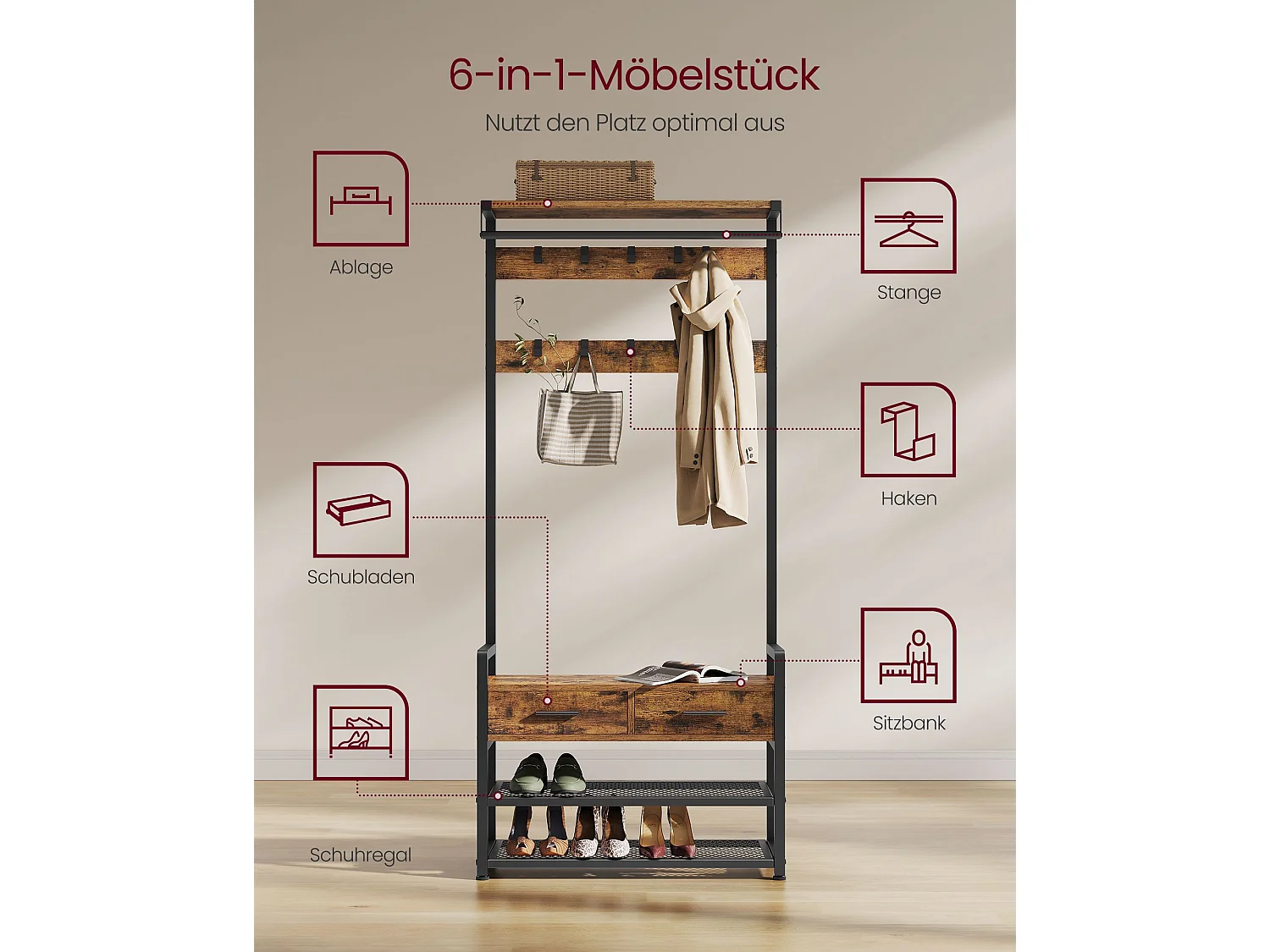 VASAGLE Hall Tree with Bench and Shoe Storage, Entryway Coat Rack with Shoe Bench, 2 Fabric Drawers, 10 Hooks, 11.8 x 31.7 x 71.5 Inches, Vintage Brown and Ink