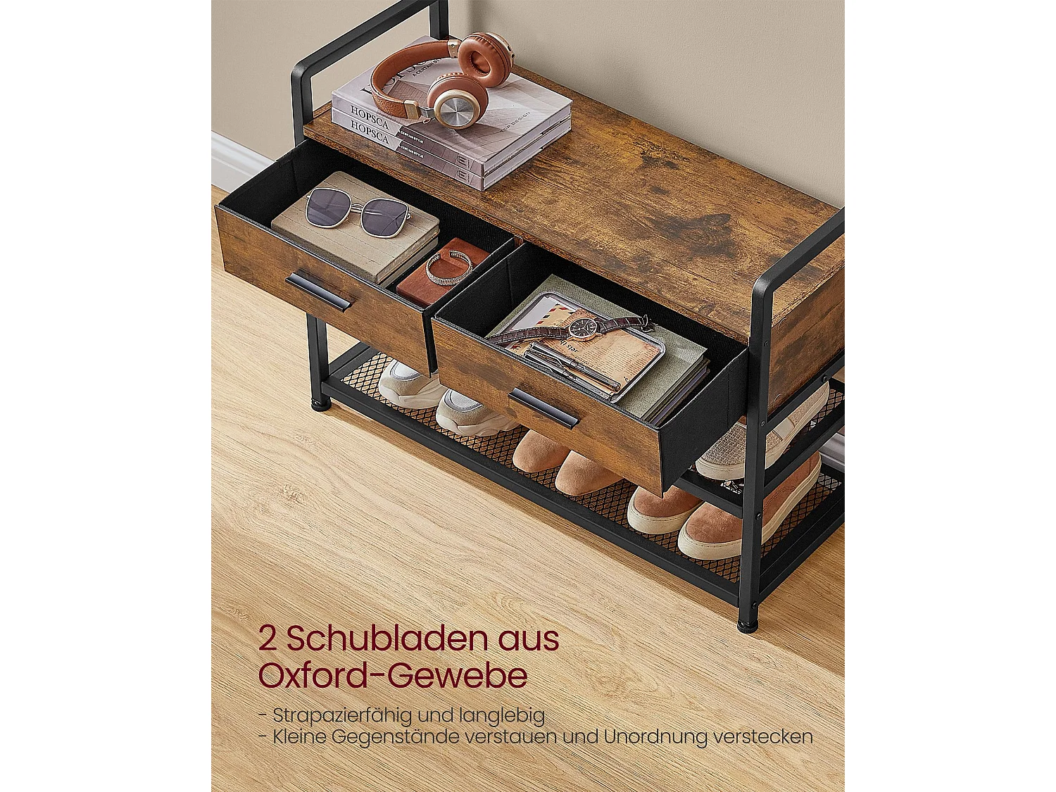 VASAGLE Hall Tree with Bench and Shoe Storage, Entryway Coat Rack with Shoe Bench, 2 Fabric Drawers, 10 Hooks, 11.8 x 31.7 x 71.5 Inches, Vintage Brown and Ink