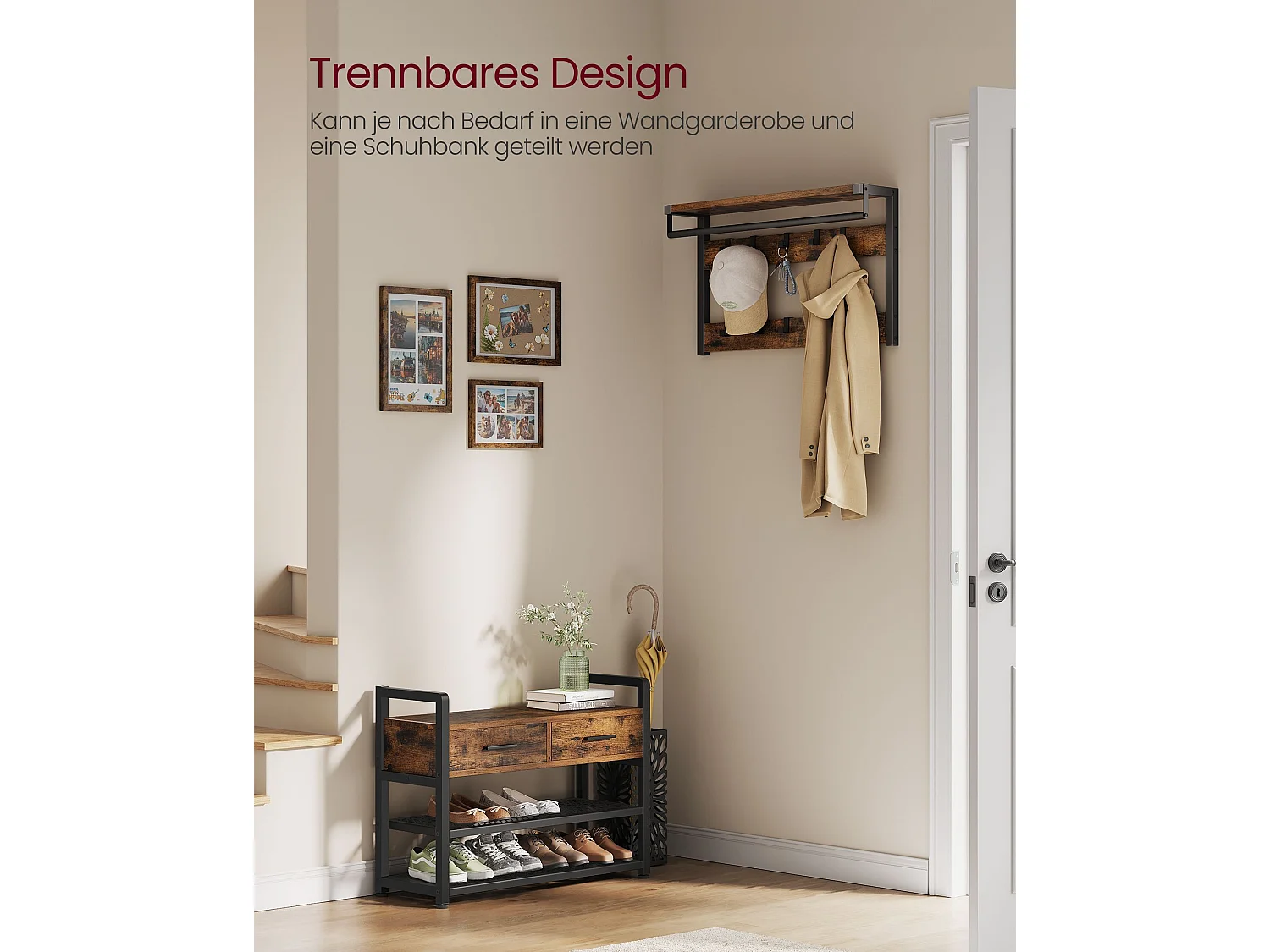 VASAGLE Hall Tree with Bench and Shoe Storage, Entryway Coat Rack with Shoe Bench, 2 Fabric Drawers, 10 Hooks, 11.8 x 31.7 x 71.5 Inches, Vintage Brown and Ink