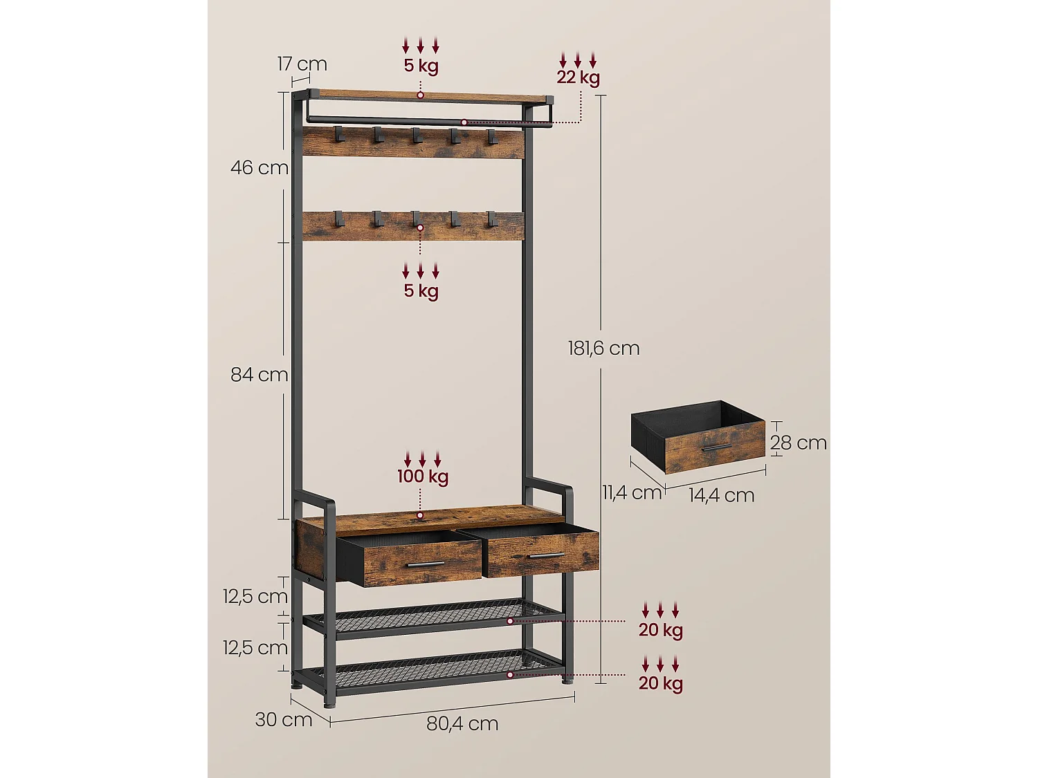 VASAGLE Hall Tree with Bench and Shoe Storage, Entryway Coat Rack with Shoe Bench, 2 Fabric Drawers, 10 Hooks, 11.8 x 31.7 x 71.5 Inches, Vintage Brown and Ink