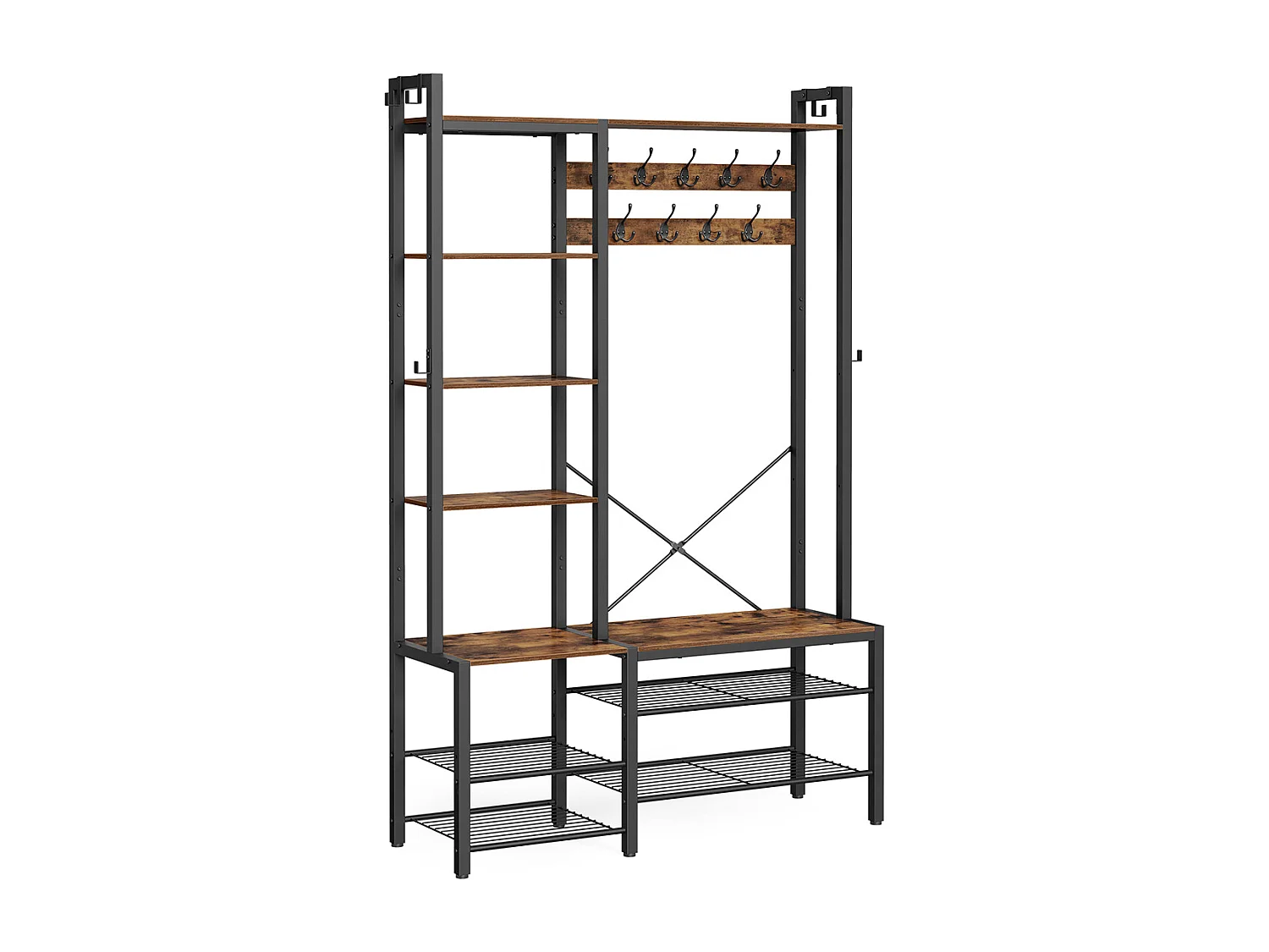 VASAGLE Hall Tree with Bench and Shoe Storage, Hallway Coat Rack with Shoe Bench and 5 Storage Shelves, 9 Coat Hooks and 6 Side Hooks, 140 x 120 x 190 cm, Vintage