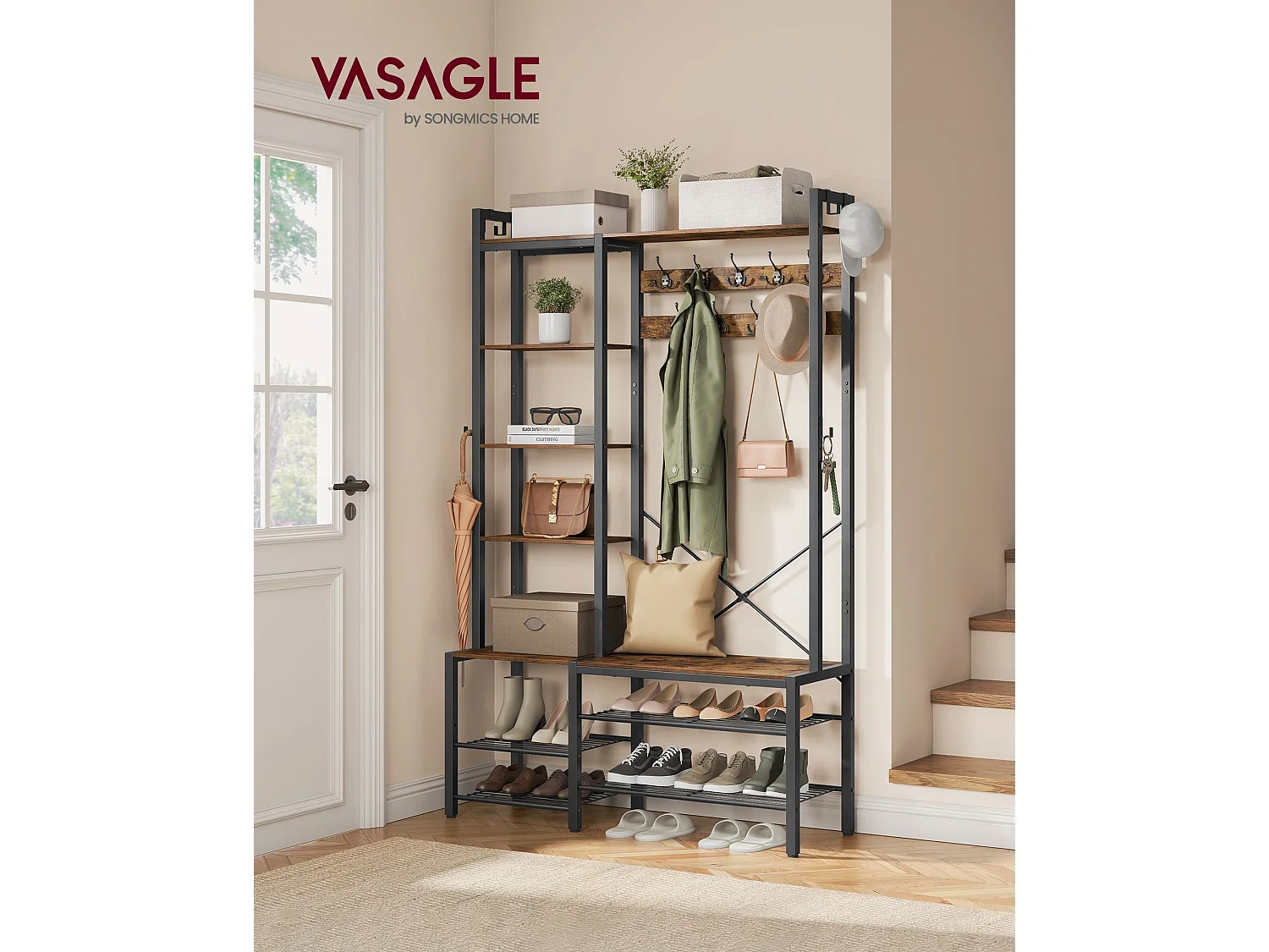 VASAGLE Hall Tree with Bench and Shoe Storage, Hallway Coat Rack with Shoe Bench and 5 Storage Shelves, 9 Coat Hooks and 6 Side Hooks, 140 x 120 x 190 cm, Vintage