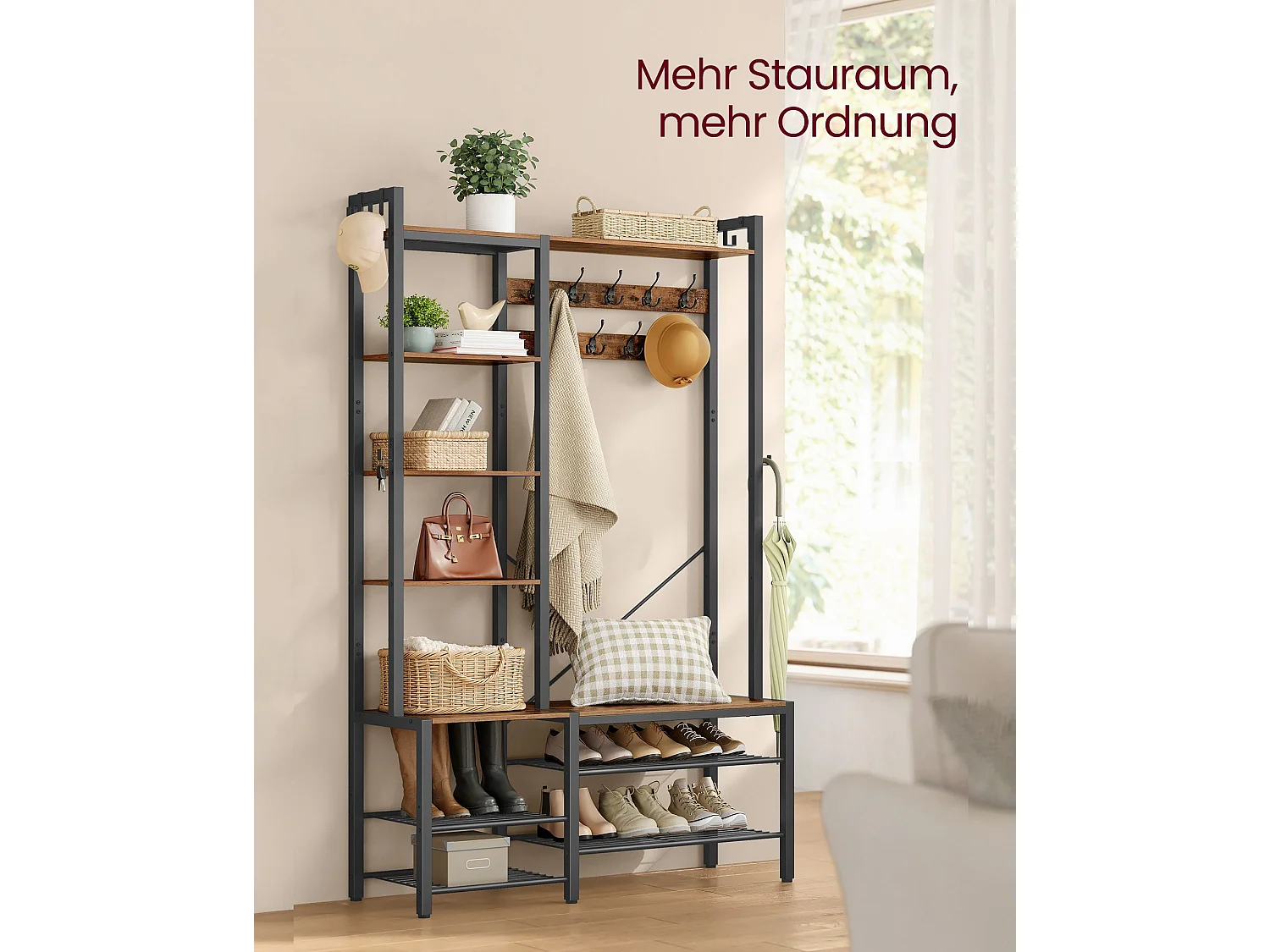 VASAGLE Hall Tree with Bench and Shoe Storage, Hallway Coat Rack with Shoe Bench and 5 Storage Shelves, 9 Coat Hooks and 6 Side Hooks, 140 x 120 x 190 cm, Vintage