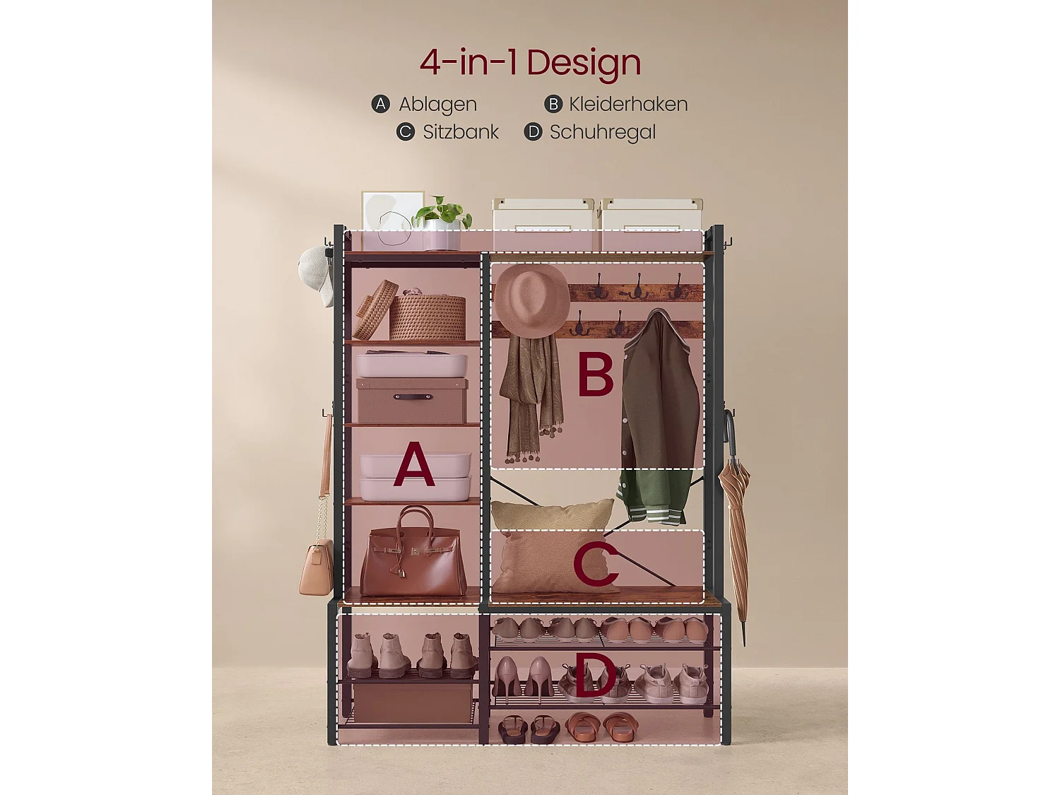 VASAGLE Hall Tree with Bench and Shoe Storage, Hallway Coat Rack with Shoe Bench and 5 Storage Shelves, 9 Coat Hooks and 6 Side Hooks, 140 x 120 x 190 cm, Vintage
