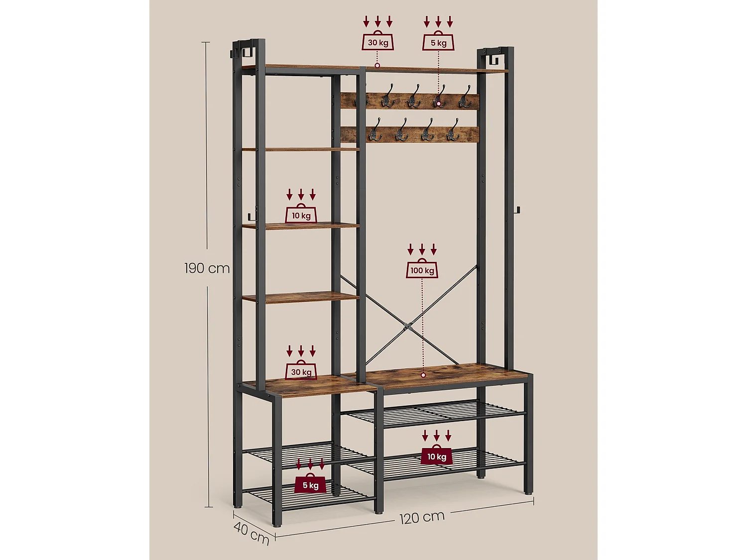 VASAGLE Hall Tree with Bench and Shoe Storage, Hallway Coat Rack with Shoe Bench and 5 Storage Shelves, 9 Coat Hooks and 6 Side Hooks, 140 x 120 x 190 cm, Vintage
