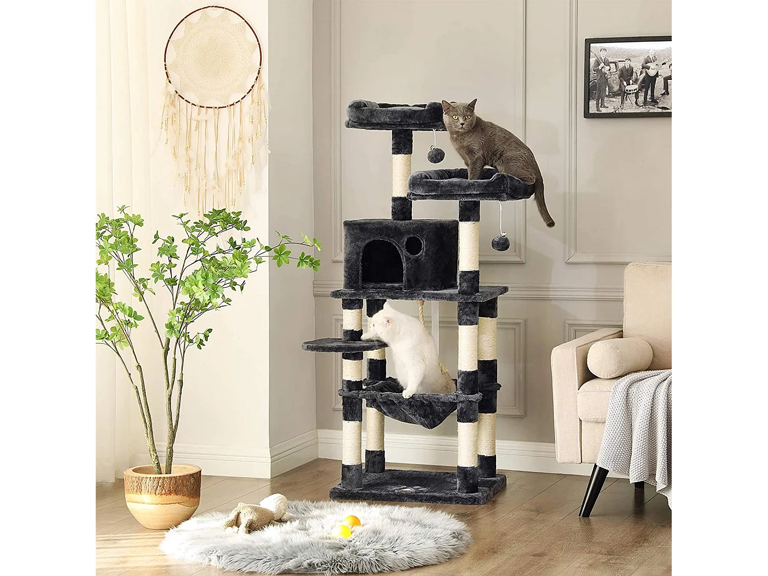 FEANDREA Kratzbaum, stabiler Katzenturm, 2 Plüschsitzstangen, 143cm, rauchgrau PCT15GYZ