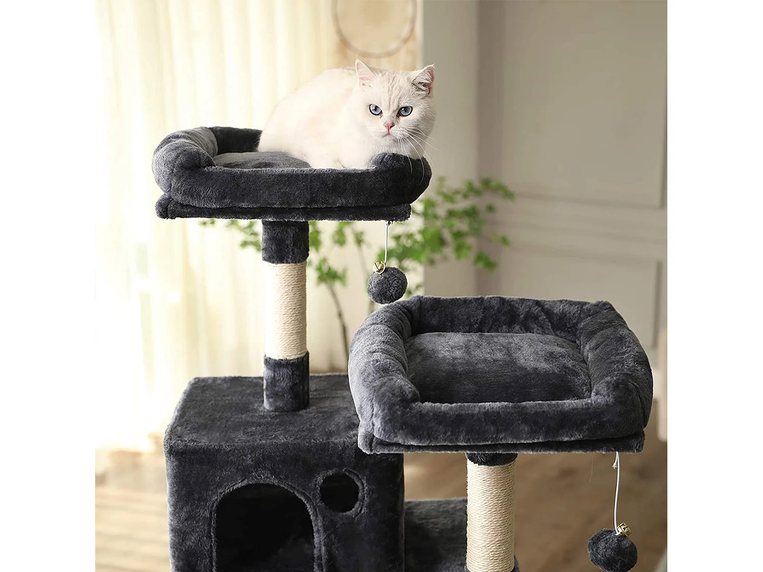 FEANDREA Kratzbaum, stabiler Katzenturm, 2 Plüschsitzstangen, 143cm, rauchgrau PCT15GYZ