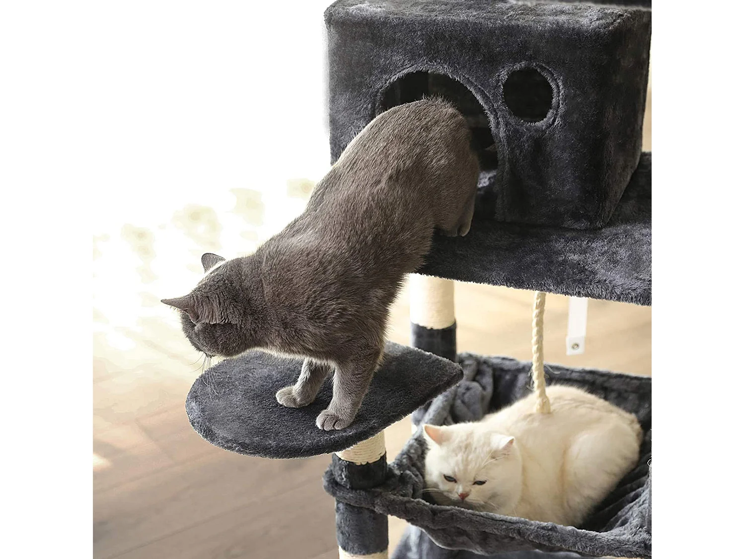 FEANDREA Kratzbaum, stabiler Katzenturm, 2 Plüschsitzstangen, 143cm, rauchgrau PCT15GYZ