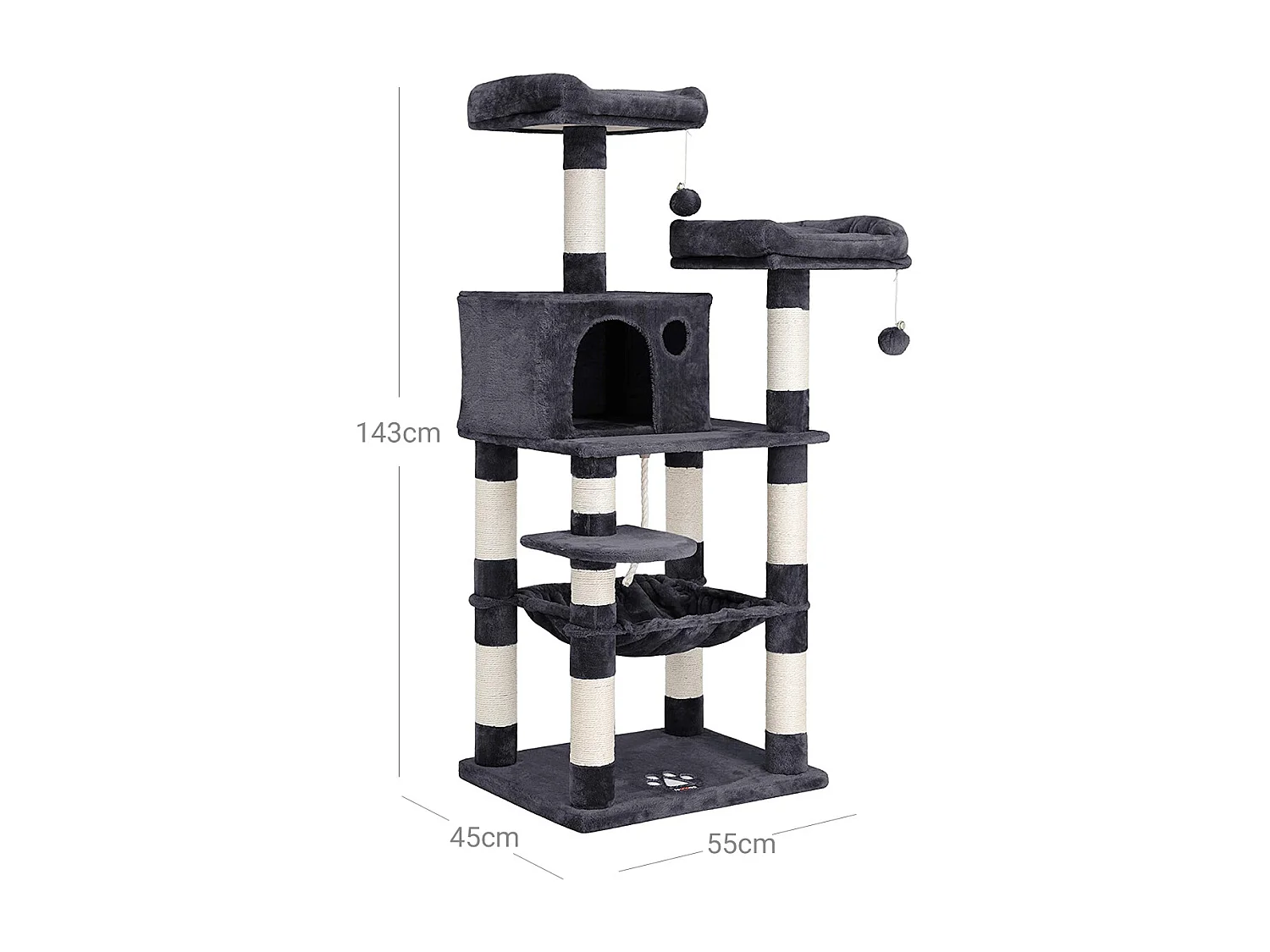 FEANDREA Kratzbaum, stabiler Katzenturm, 2 Plüschsitzstangen, 143cm, rauchgrau PCT15GYZ