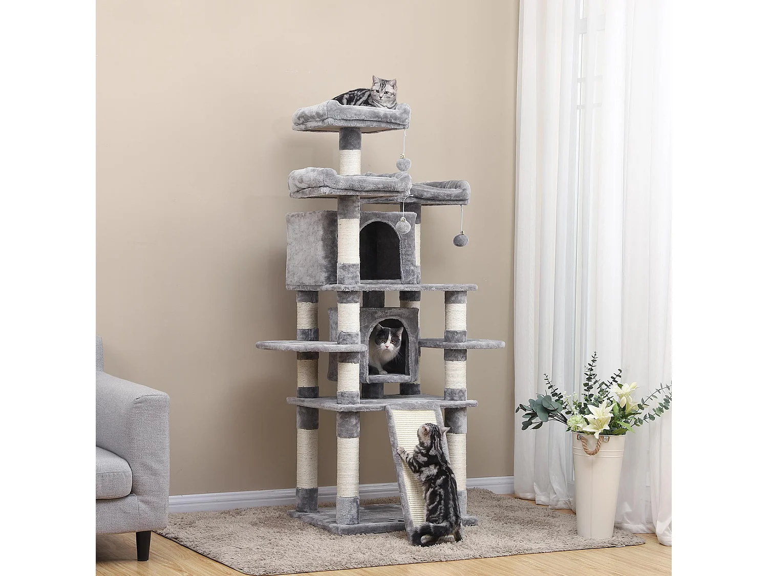 FEANDREA Cat Tree, Large Cat Tower, 172 cm, Light Grey PCT18W