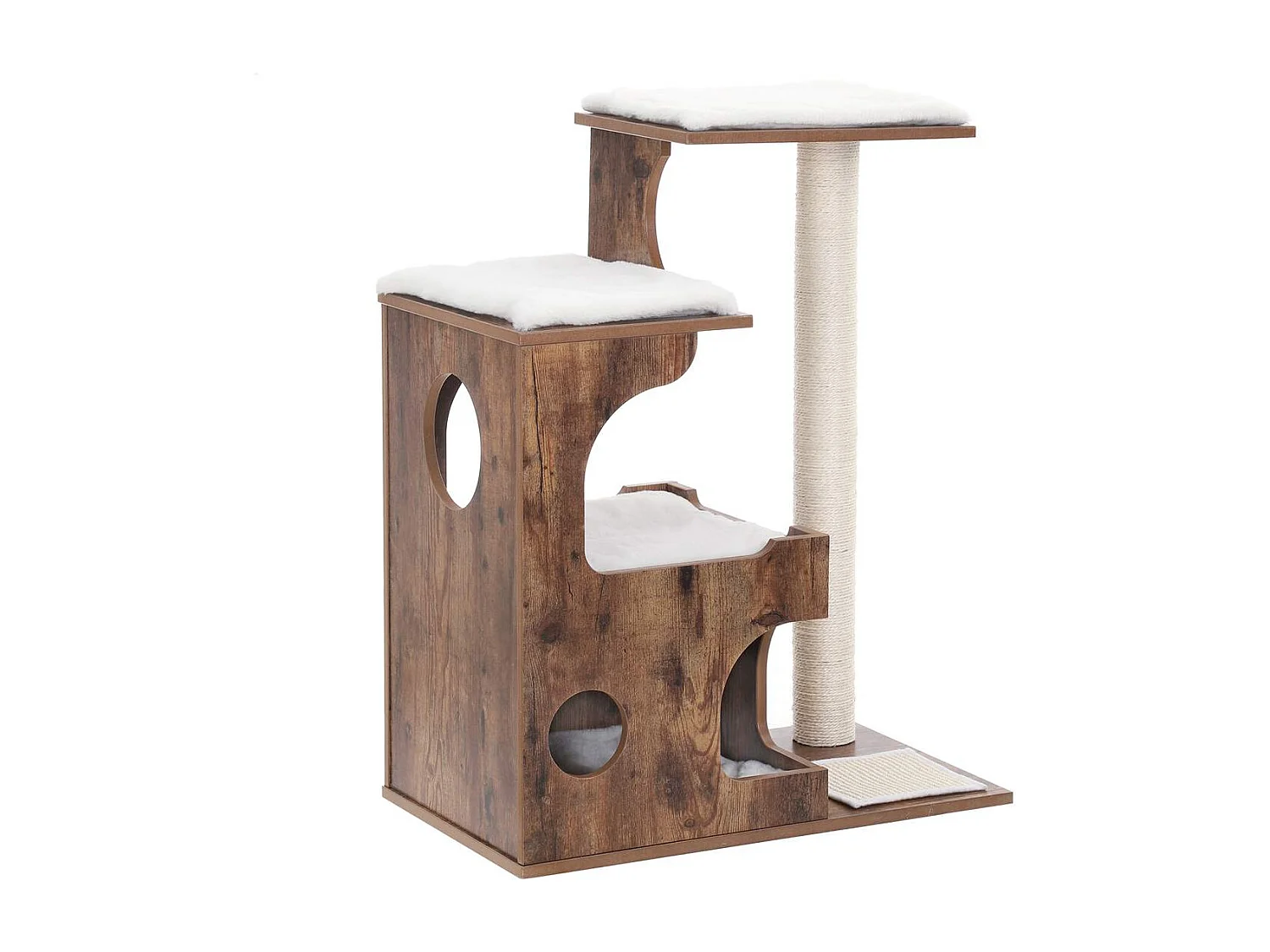 FEANDREA Kratzbaum 86 cm, mittelgroßer Katzenturm mit 3 Schlafplätzen und Höhle, Katzenwohnung aus MDF mit Holzfurnier, Sisalpfosten und waschbarem Kunstfell,