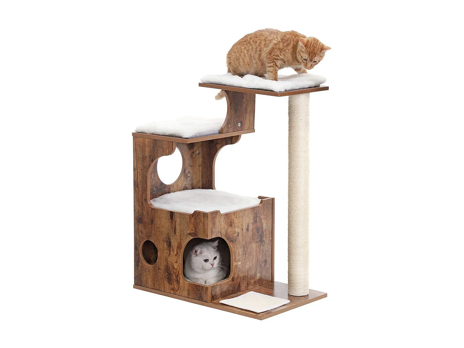 FEANDREA Kratzbaum 86 cm, mittelgroßer Katzenturm mit 3 Schlafplätzen und Höhle, Katzenwohnung aus MDF mit Holzfurnier, Sisalpfosten und waschbarem Kunstfell,