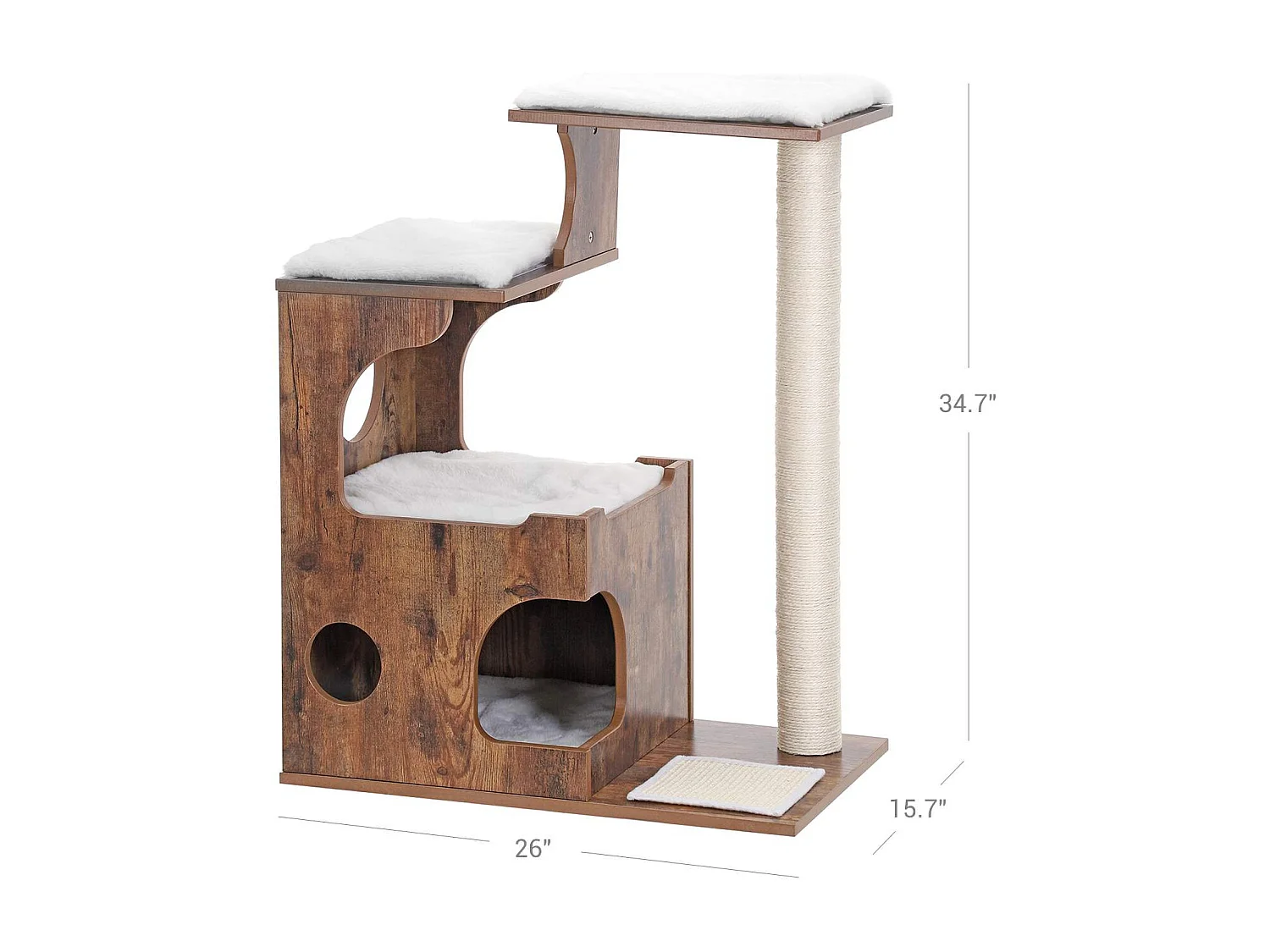 FEANDREA Kratzbaum 86 cm, mittelgroßer Katzenturm mit 3 Schlafplätzen und Höhle, Katzenwohnung aus MDF mit Holzfurnier, Sisalpfosten und waschbarem Kunstfell,